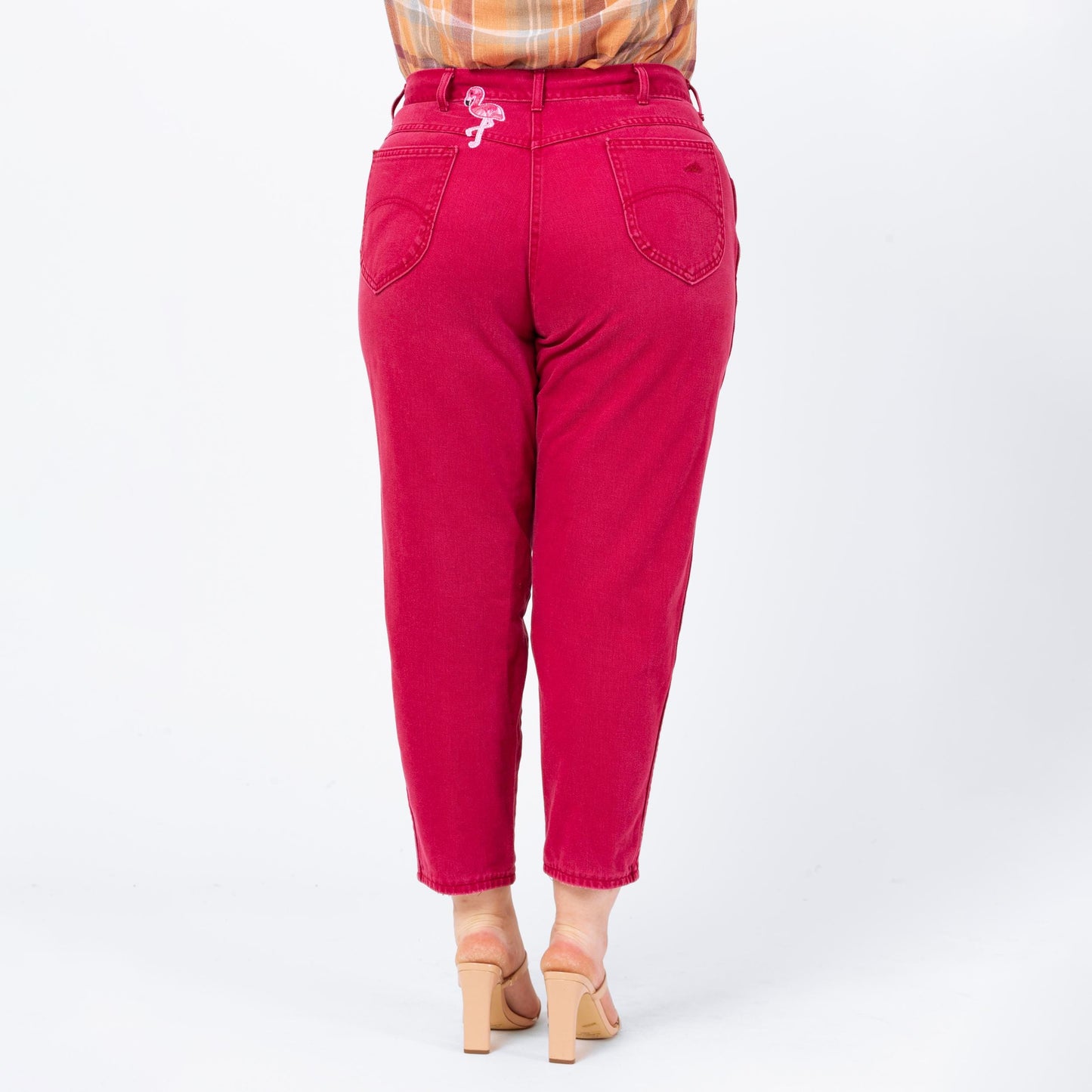 Vintage 80s Hot Pink Flamingo Patch Jeans - Extra Large, 35" Waist | Chic High Waisted Tapered Leg Soft Cotton Denim Mom Jeans