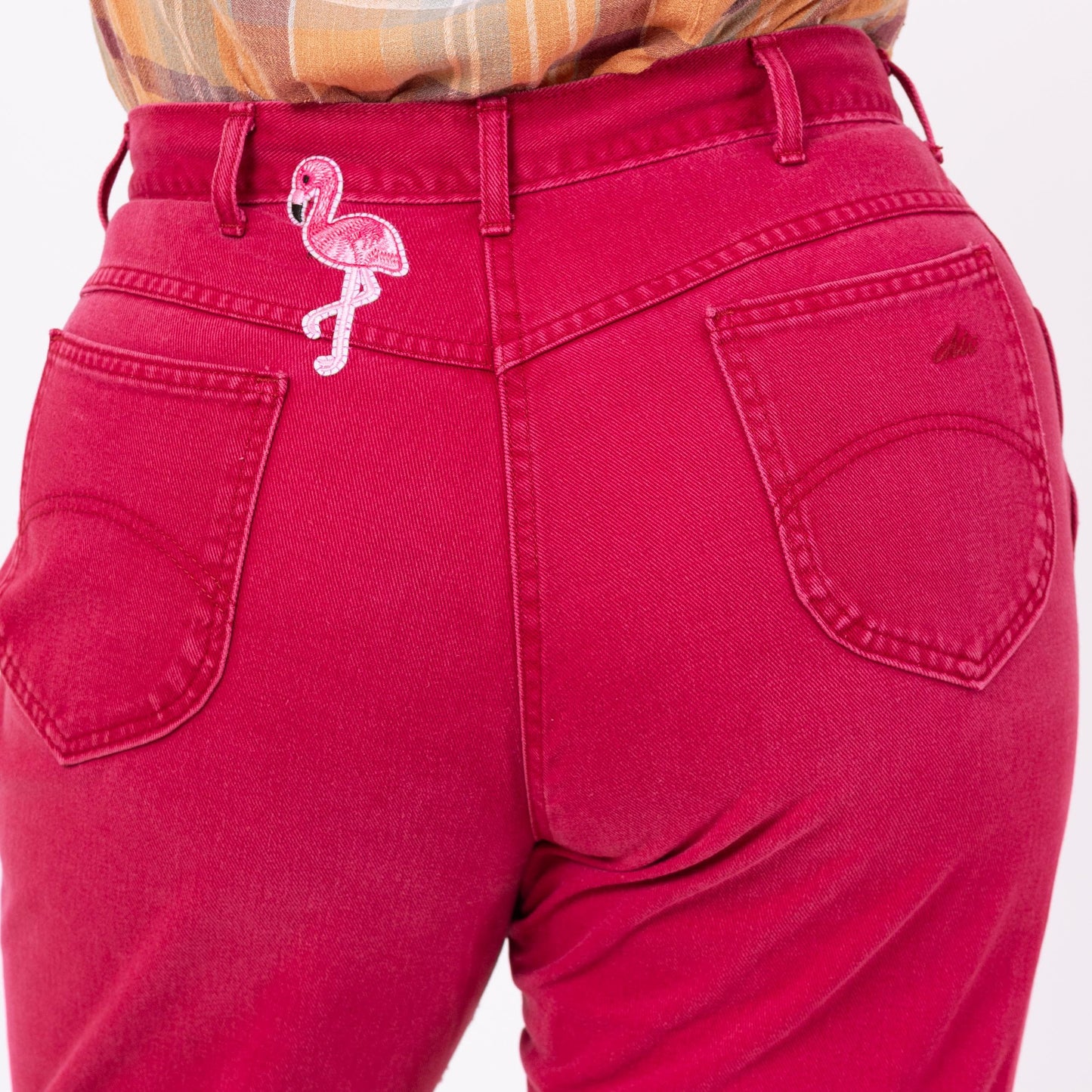 Vintage 80s Hot Pink Flamingo Patch Jeans - Extra Large, 35" Waist | Chic High Waisted Tapered Leg Soft Cotton Denim Mom Jeans
