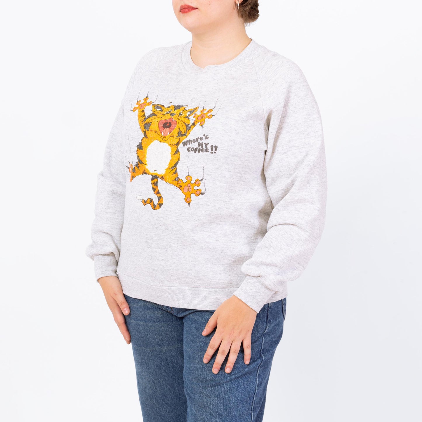 Vintage 90s "Where's My Coffee!" Angry Cat Sweatshirt - Large | Funny Animal Graphic Heather Grey Crewneck Pullover