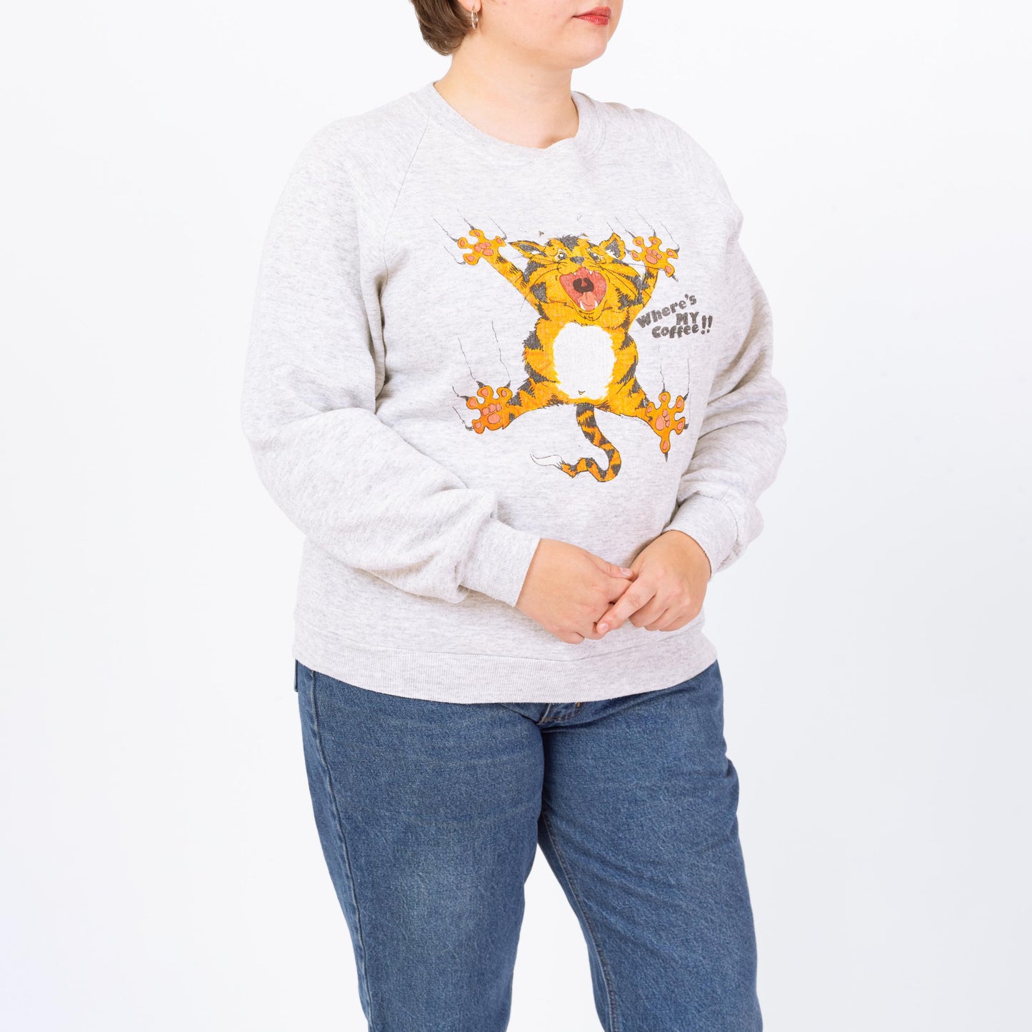 Vintage 90s "Where's My Coffee!" Angry Cat Sweatshirt - Large | Funny Animal Graphic Heather Grey Crewneck Pullover