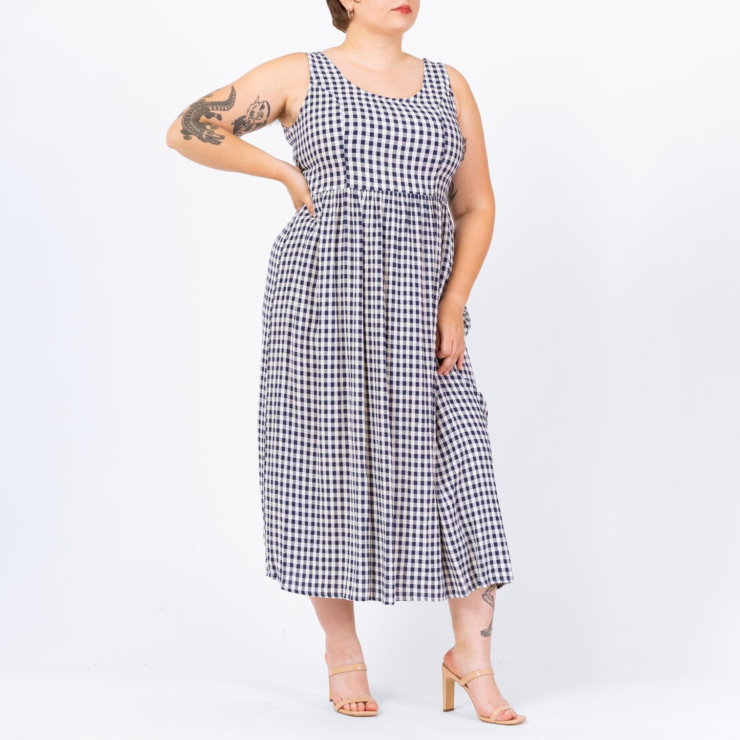 Vintage 90s Navy Blue & White Gingham Maxi Sundress - Large | Sleeveless Scoop Neck Grunge Summer Dress