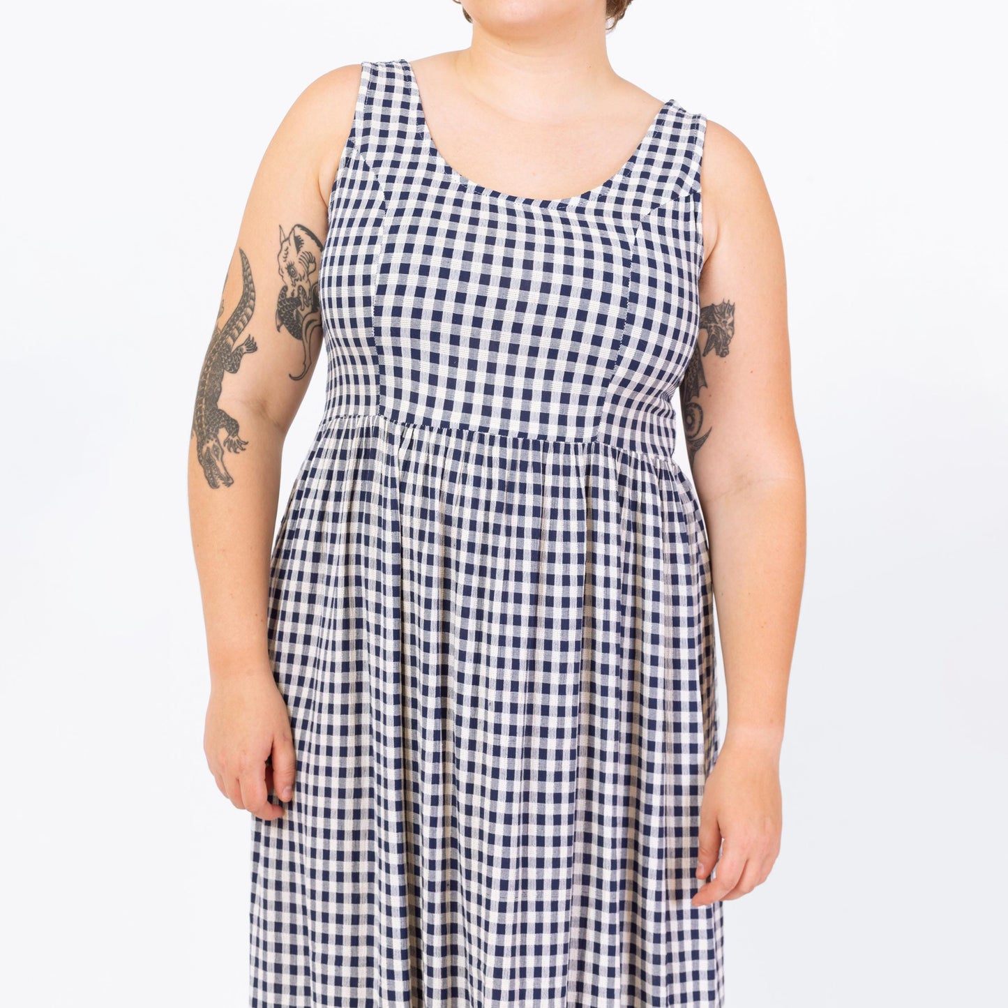 Vintage 90s Navy Blue & White Gingham Maxi Sundress - Large | Sleeveless Scoop Neck Grunge Summer Dress