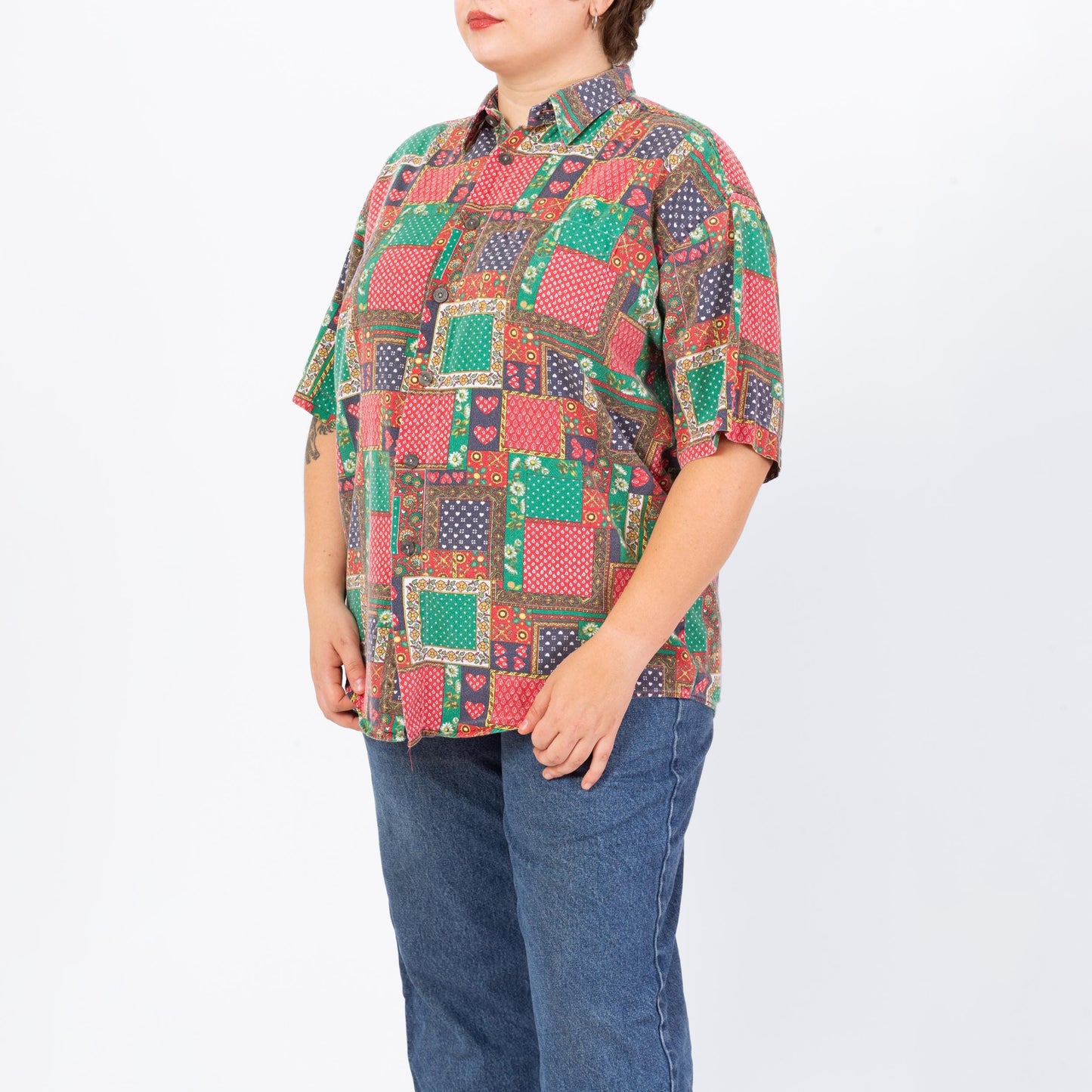 Vintage 90s Heart & Floral Patchwork Print Button Up Shirt - Men's Large, Women's XL | Retro Kitsch Short Sleeve Collared Bandana Top