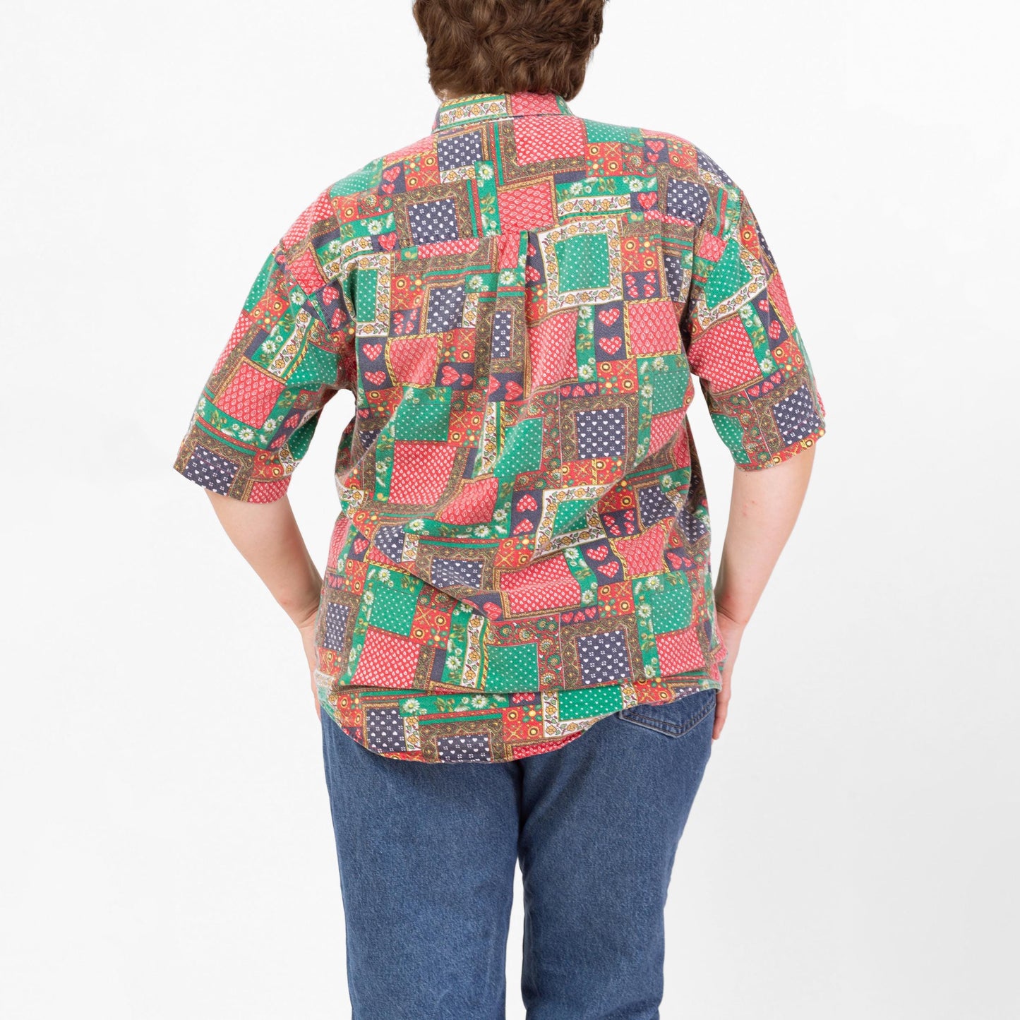 Vintage 90s Heart & Floral Patchwork Print Button Up Shirt - Men's Large, Women's XL | Retro Kitsch Short Sleeve Collared Bandana Top