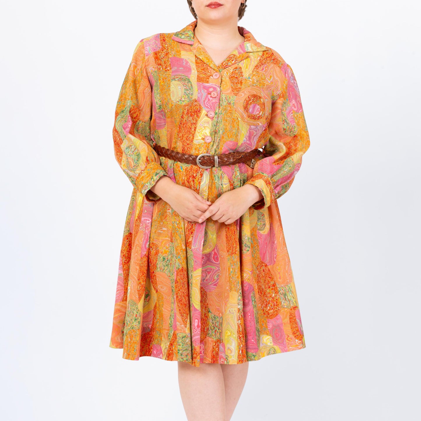 Vintage 60s Orange Marbled Patchwork Print Day Dress - 1X | Retro Long Sleeve Shirtwaist Midi Dress