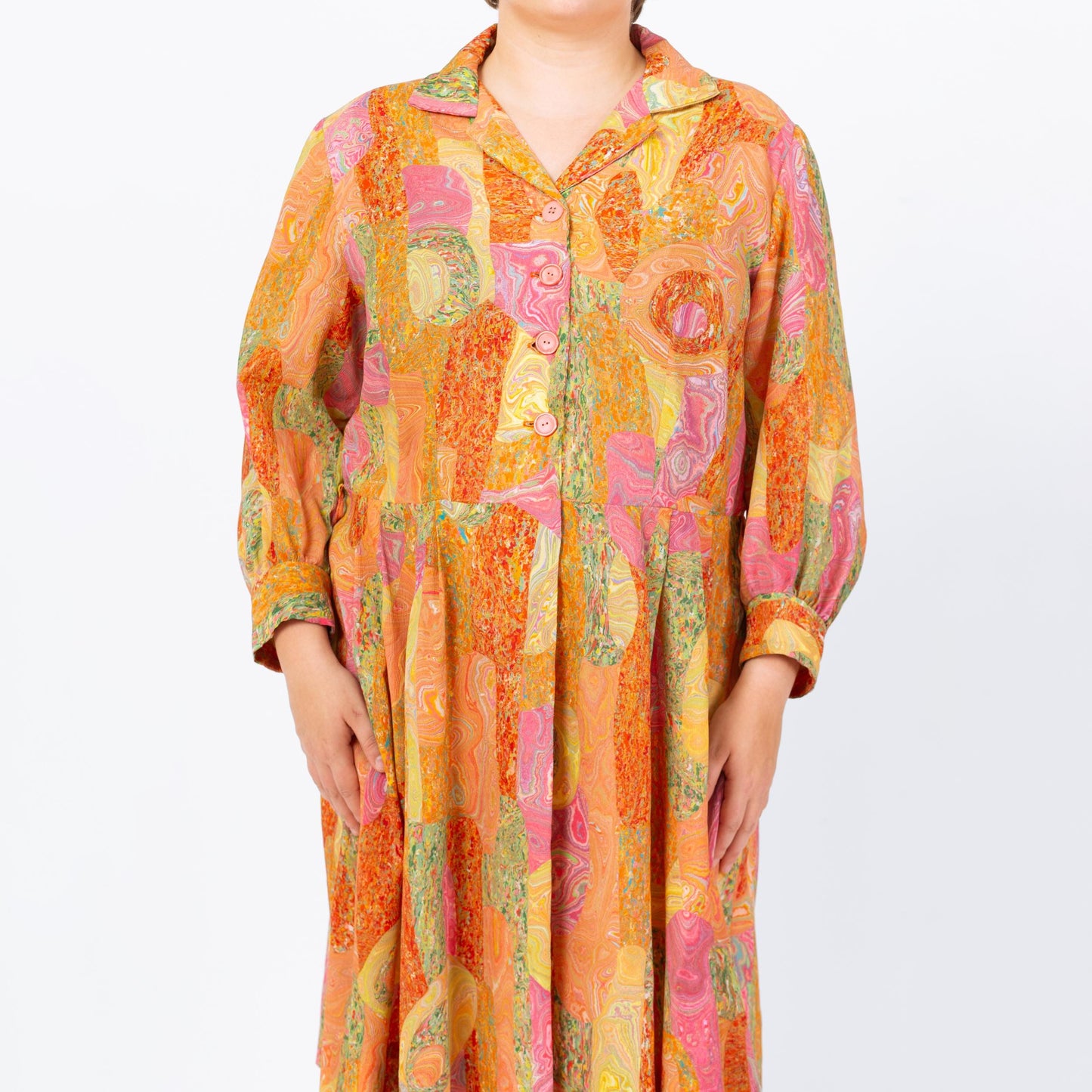 Vintage 60s Orange Marbled Patchwork Print Day Dress - 1X | Retro Long Sleeve Shirtwaist Midi Dress