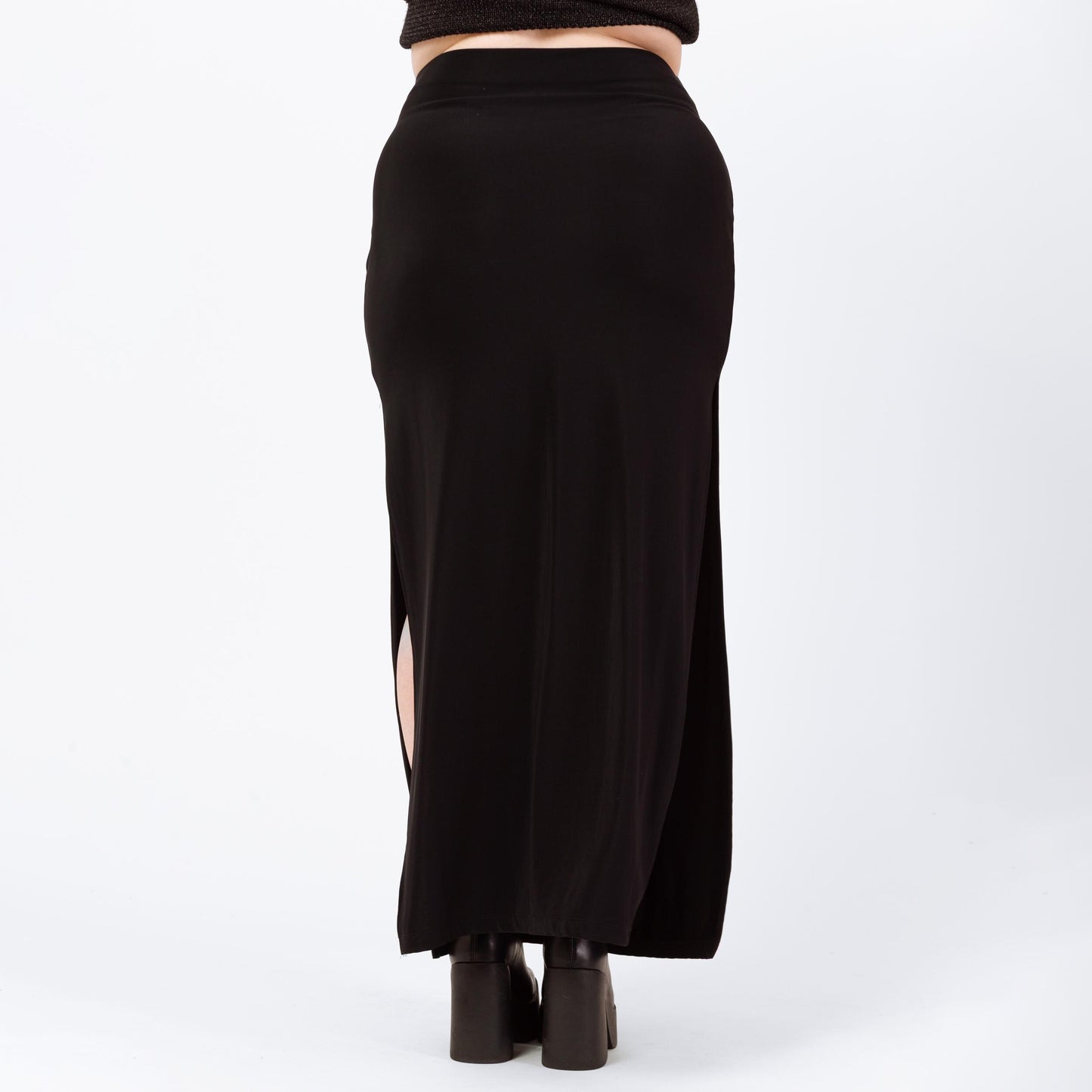 Vintage 90s Black Minimalist Stretchy Side Slit Maxi Skirt - Large to XL | Gothic Ankle Length Grunge Slinky Pencil Skirt