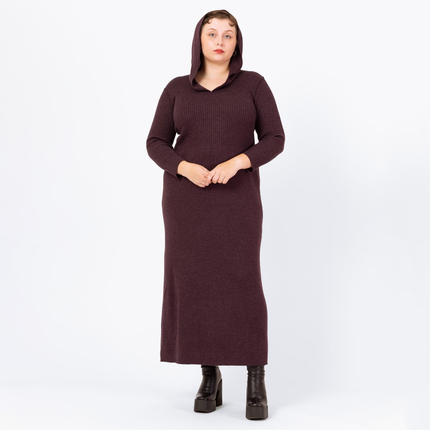 Vintage 90s Hooded Plum Purple Knit Maxi Dress - Extra Large | Ribbed Long Sleeve Whimsigoth Fall Sweater Dress
