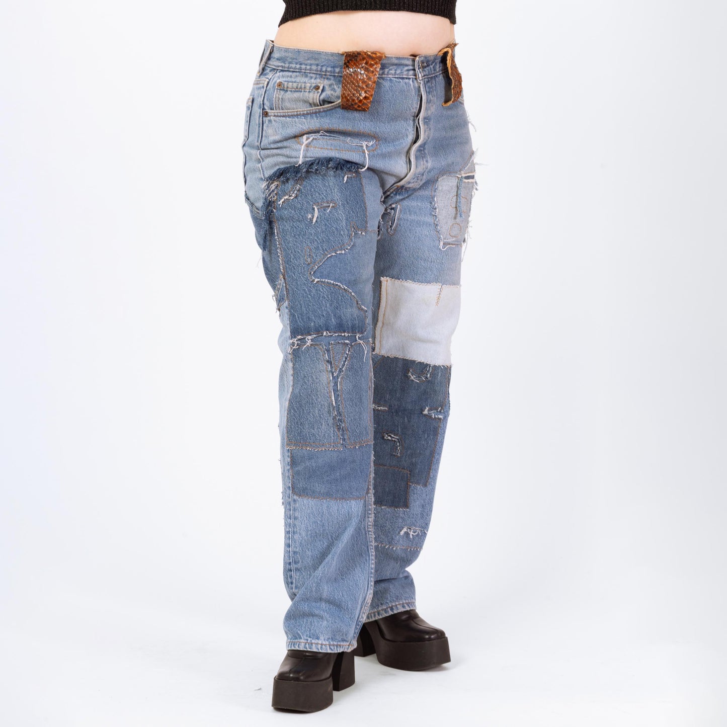 Vintage Y2K Dolce & Gabbana Baggy Patchwork Jeans - 1X | 2000s Designer Jeans, Plus Size Jeans, Leather Trim Distressed Denim Made In Italy