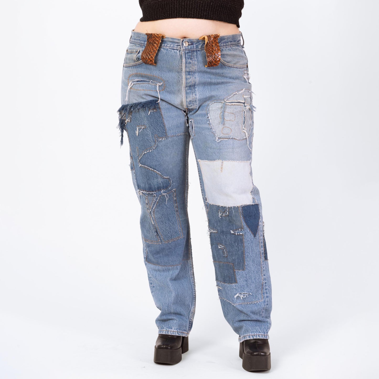 Vintage Y2K Dolce & Gabbana Baggy Patchwork Jeans - 1X | 2000s Designer Jeans, Plus Size Jeans, Leather Trim Distressed Denim Made In Italy