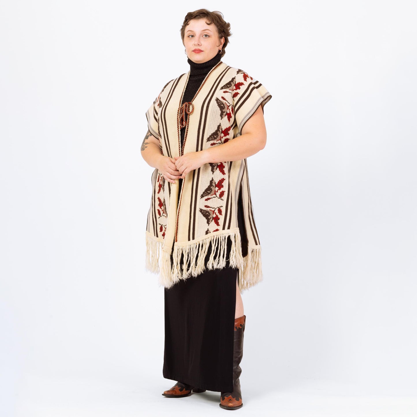 Vintage 70s Boho Knit Bird Poncho - One Size | Striped Vest Fringe Hippie Sweater Shawl
