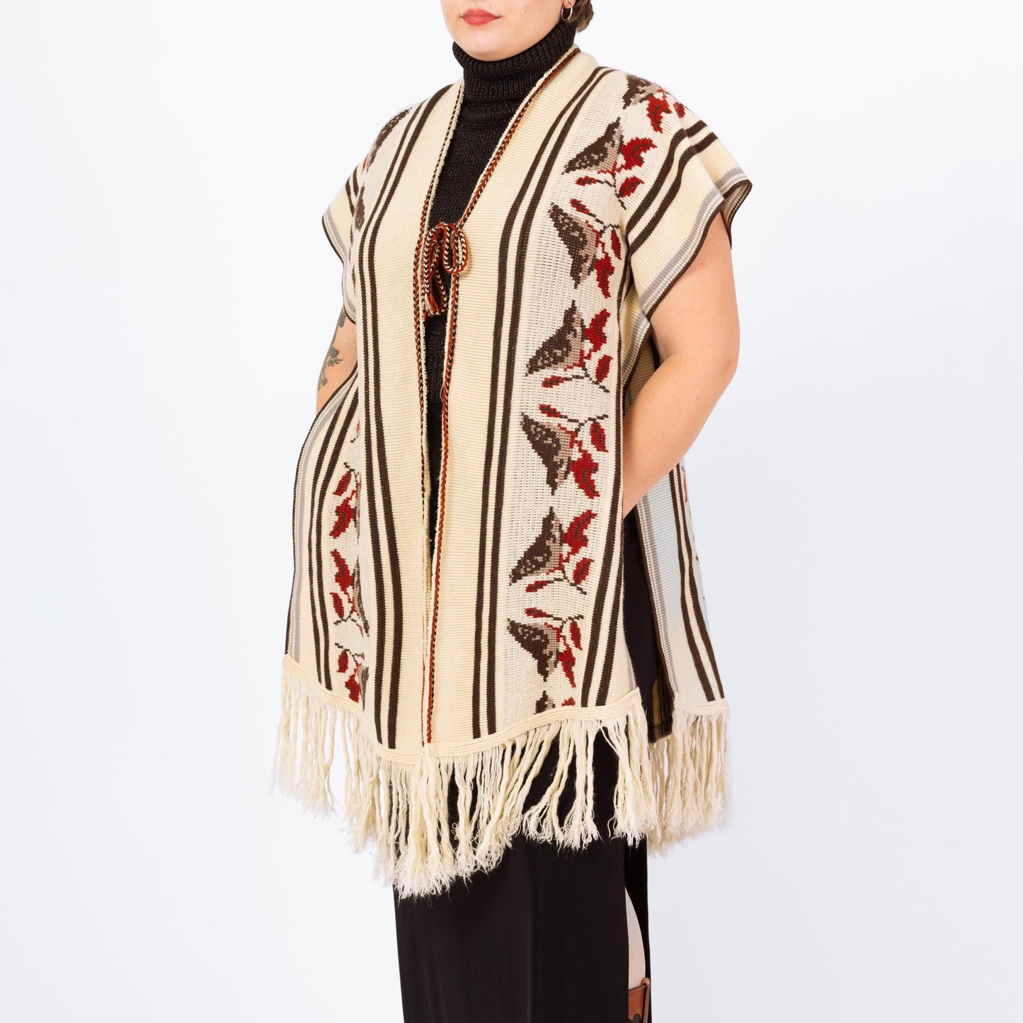 Vintage 70s Boho Knit Bird Poncho - One Size | Striped Vest Fringe Hippie Sweater Shawl