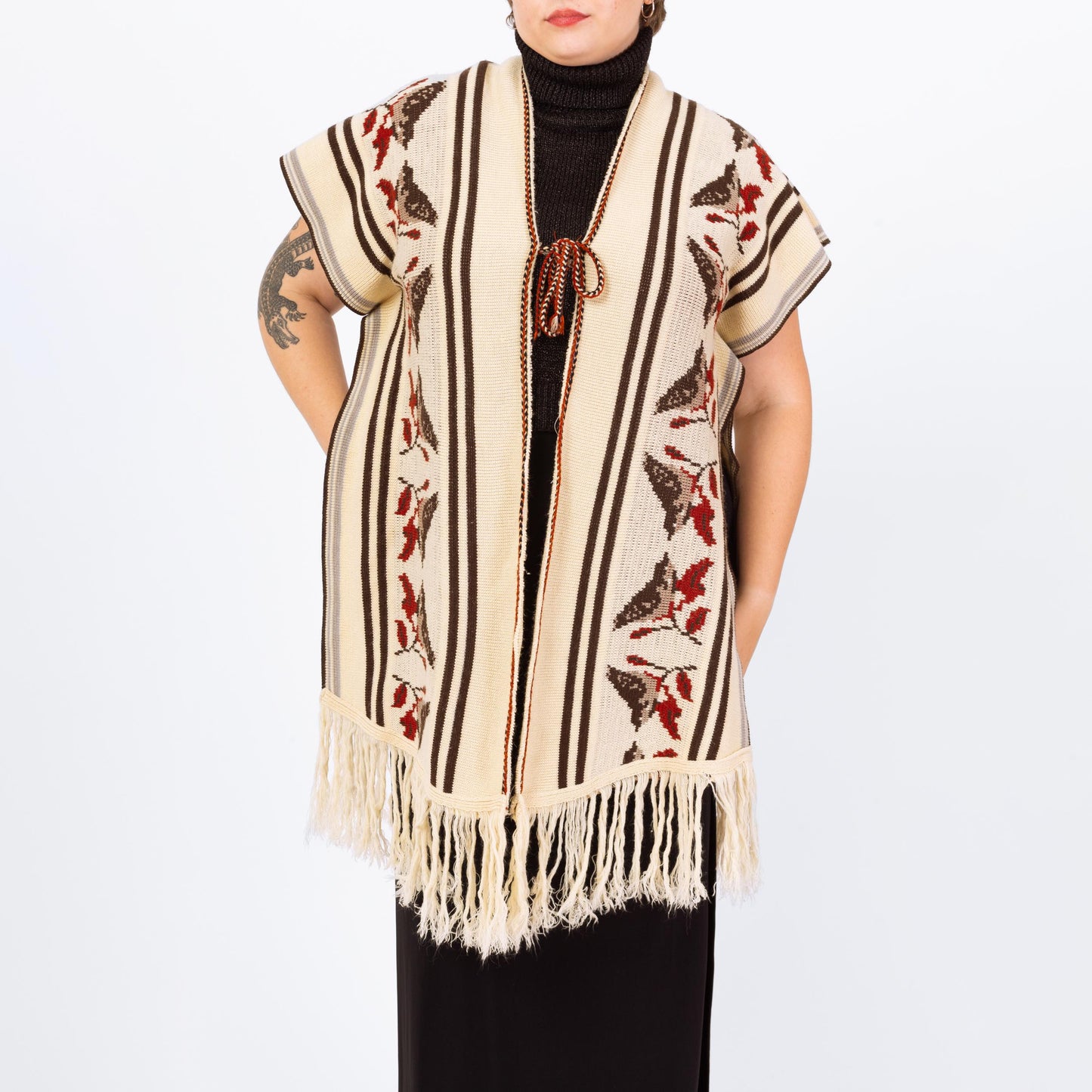 Vintage 70s Boho Knit Bird Poncho - One Size | Striped Vest Fringe Hippie Sweater Shawl