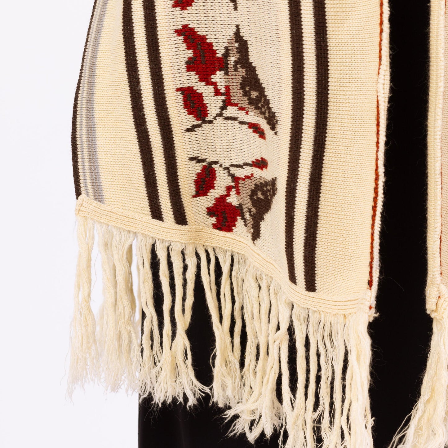 Vintage 70s Boho Knit Bird Poncho - One Size | Striped Vest Fringe Hippie Sweater Shawl