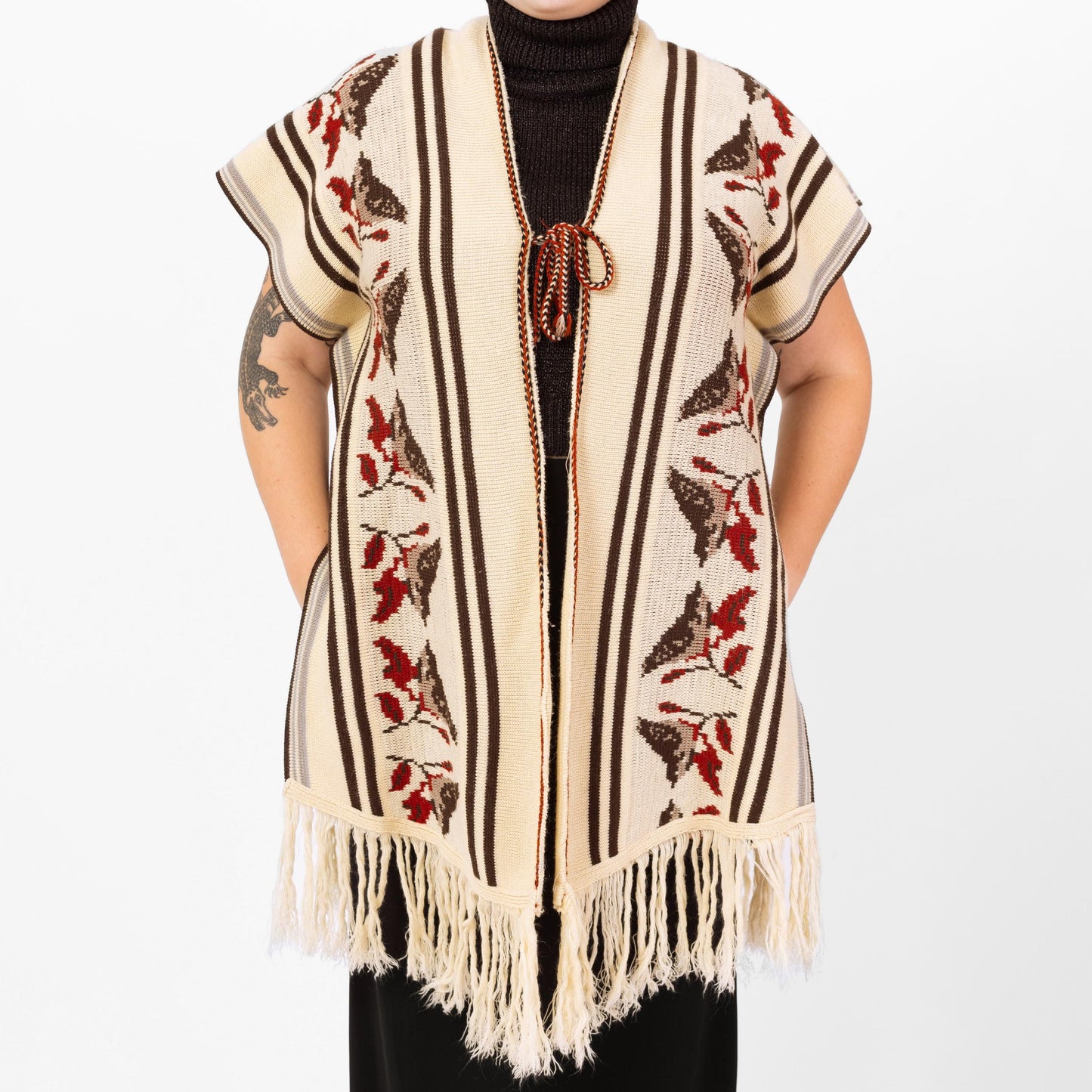 Vintage 70s Boho Knit Bird Poncho - One Size | Striped Vest Fringe Hippie Sweater Shawl