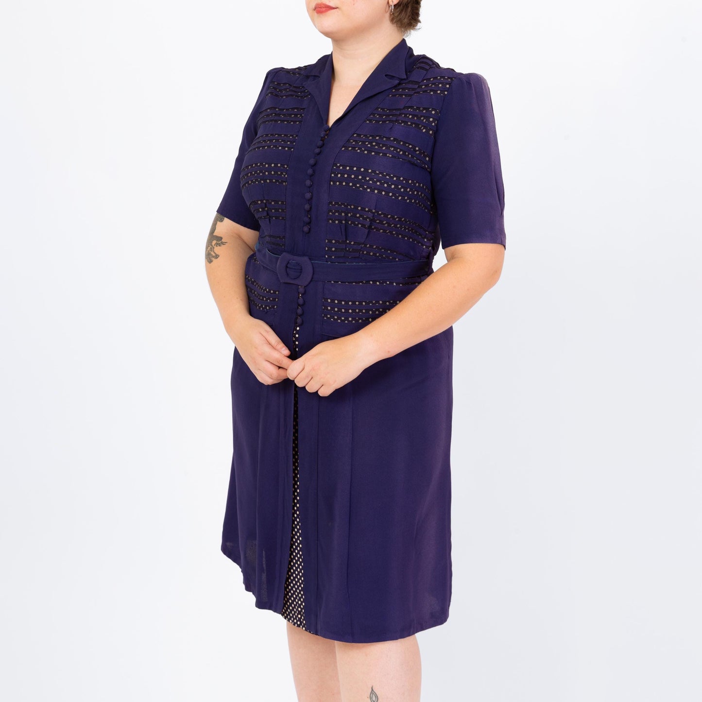 Vintage 1940s Navy Blue Belted Day Dress - Extra Large | 40s Polka Dot Puff Sleeve Midi Shirtdress