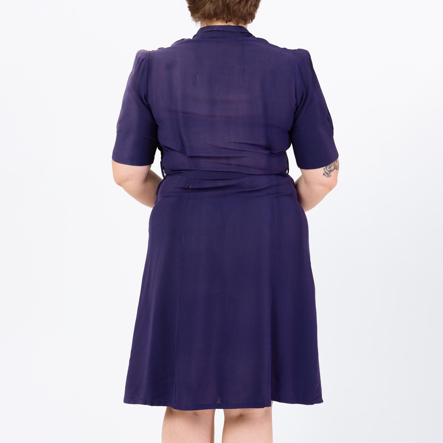 Vintage 1940s Navy Blue Belted Day Dress - Extra Large | 40s Polka Dot Puff Sleeve Midi Shirtdress