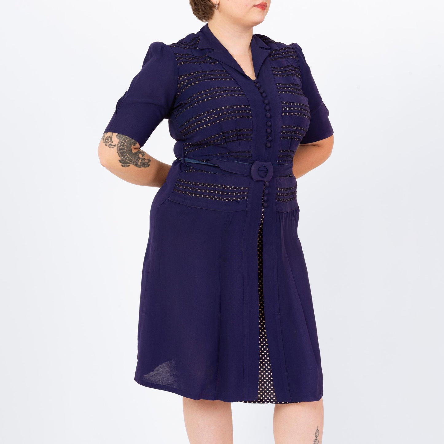 Vintage 1940s Navy Blue Belted Day Dress - Extra Large | 40s Polka Dot Puff Sleeve Midi Shirtdress