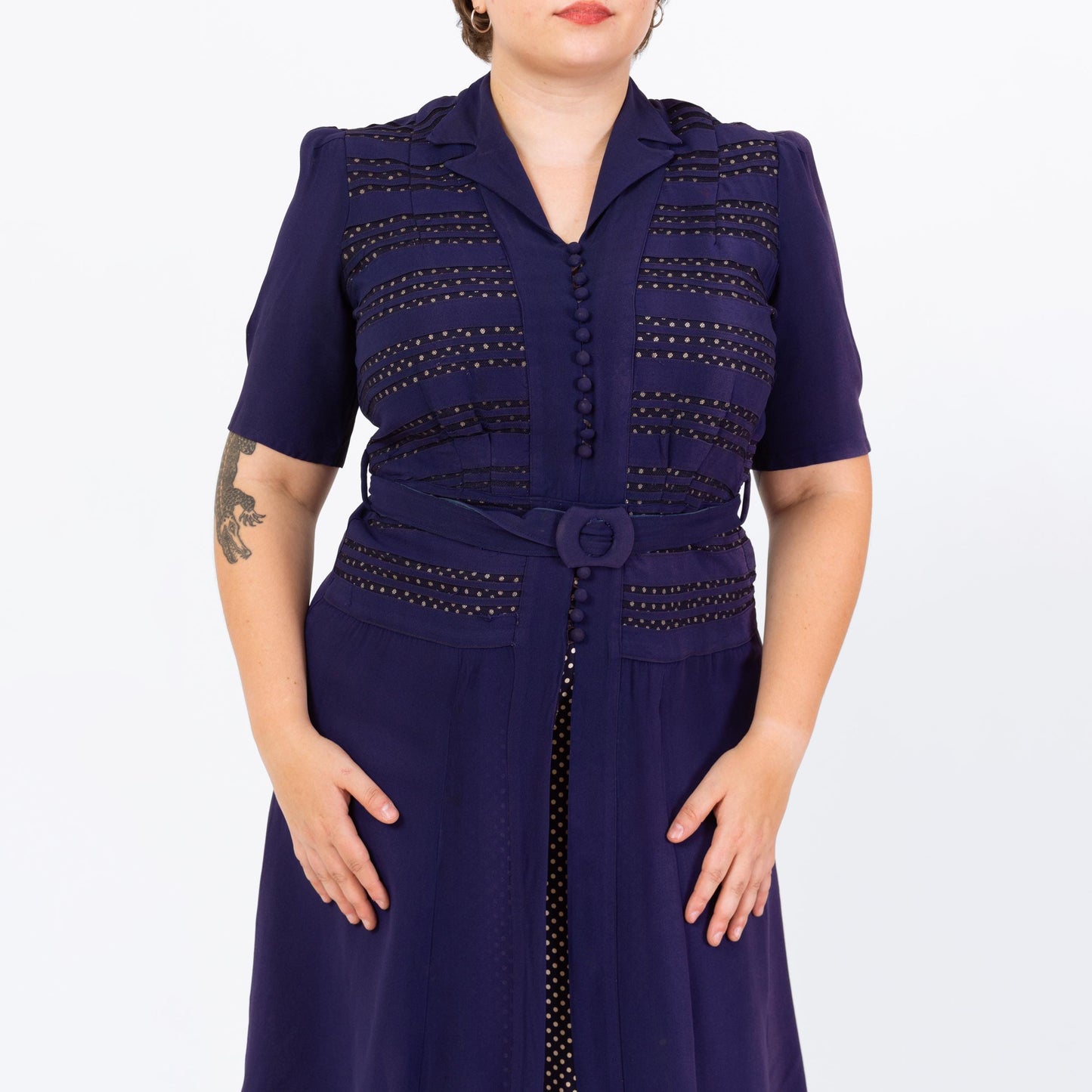 Vintage 1940s Navy Blue Belted Day Dress - Extra Large | 40s Polka Dot Puff Sleeve Midi Shirtdress