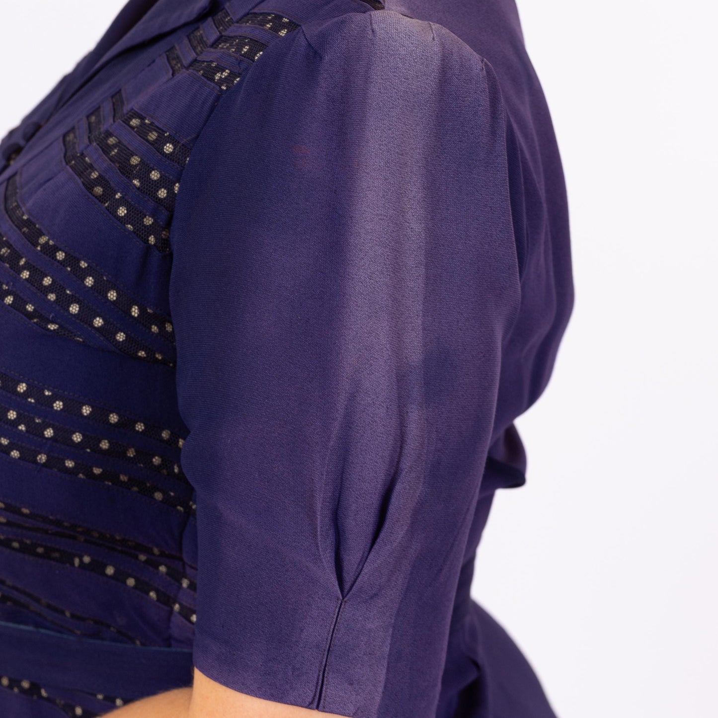 Vintage 1940s Navy Blue Belted Day Dress - Extra Large | 40s Polka Dot Puff Sleeve Midi Shirtdress