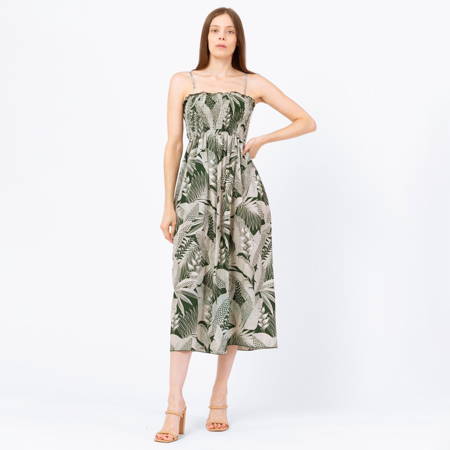 Vintage 90s Boho Green Tropical Floral Midi Dress - Extra Small | Hawaiian Shirred Bodice Spaghetti Strap Sundress