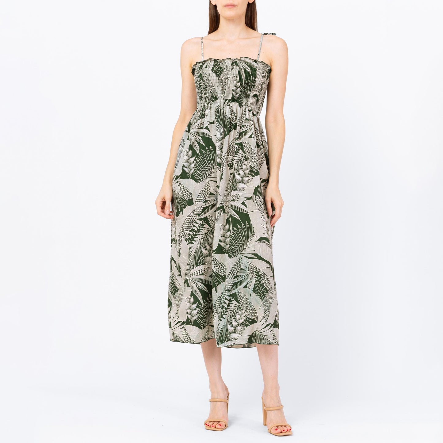 Vintage 90s Boho Green Tropical Floral Midi Dress - Extra Small | Hawaiian Shirred Bodice Spaghetti Strap Sundress