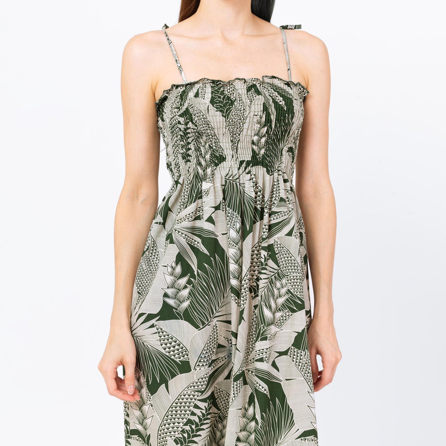 Vintage 90s Boho Green Tropical Floral Midi Dress - Extra Small | Hawaiian Shirred Bodice Spaghetti Strap Sundress