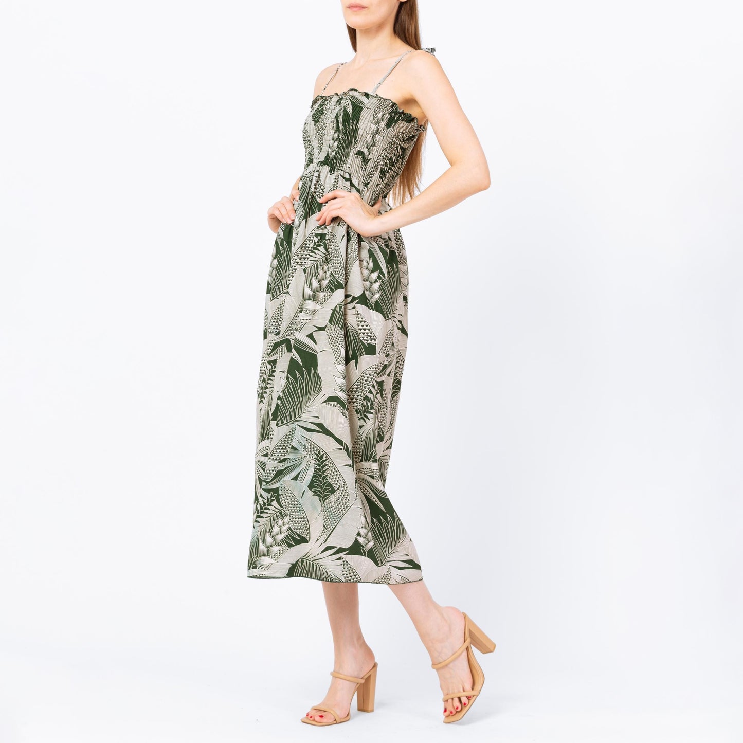 Vintage 90s Boho Green Tropical Floral Midi Dress - Extra Small | Hawaiian Shirred Bodice Spaghetti Strap Sundress