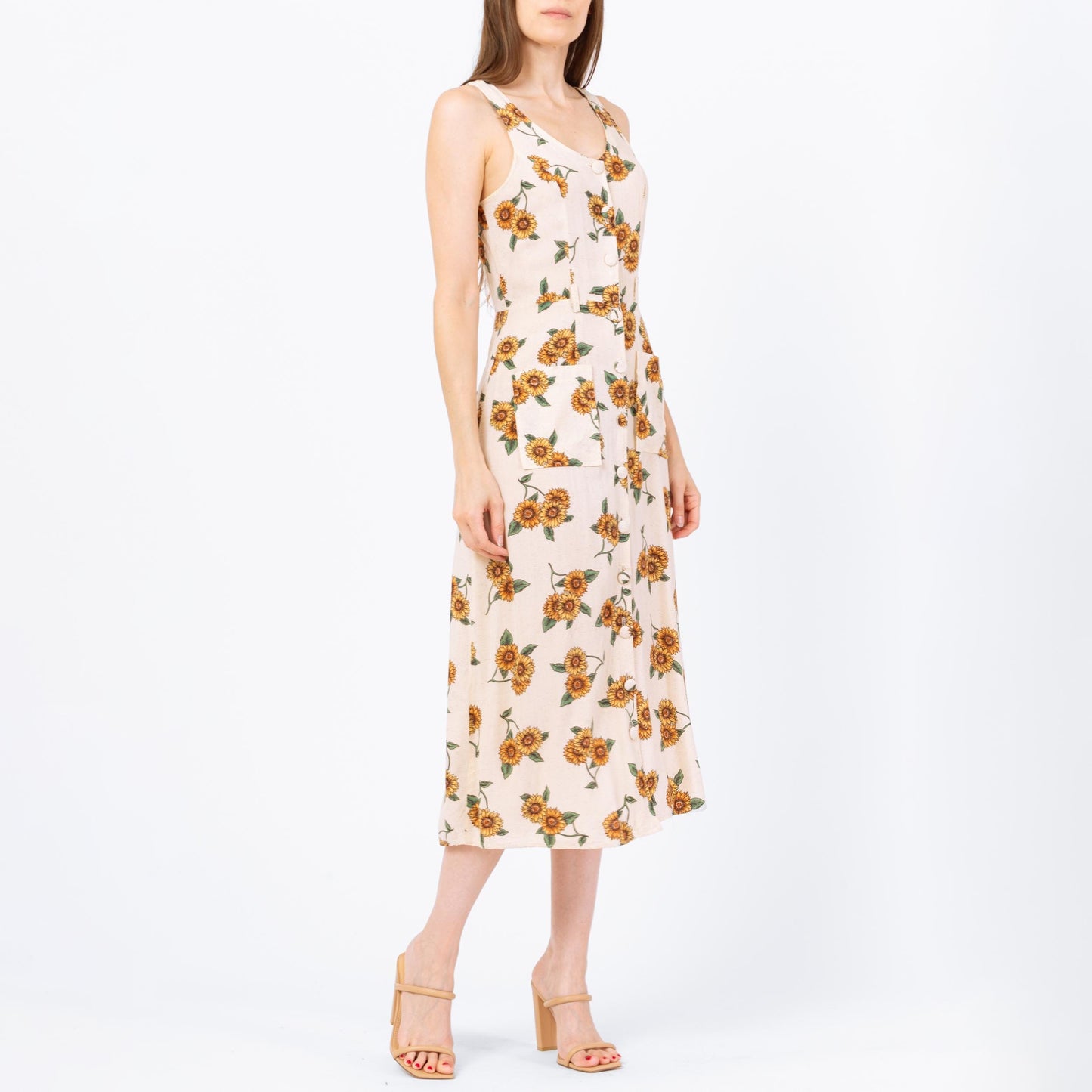 Vintage 90s Sunflower Floral Print Midi Sundress - Small | Boho Sleeveless Rayon Summer Dress With Pockets