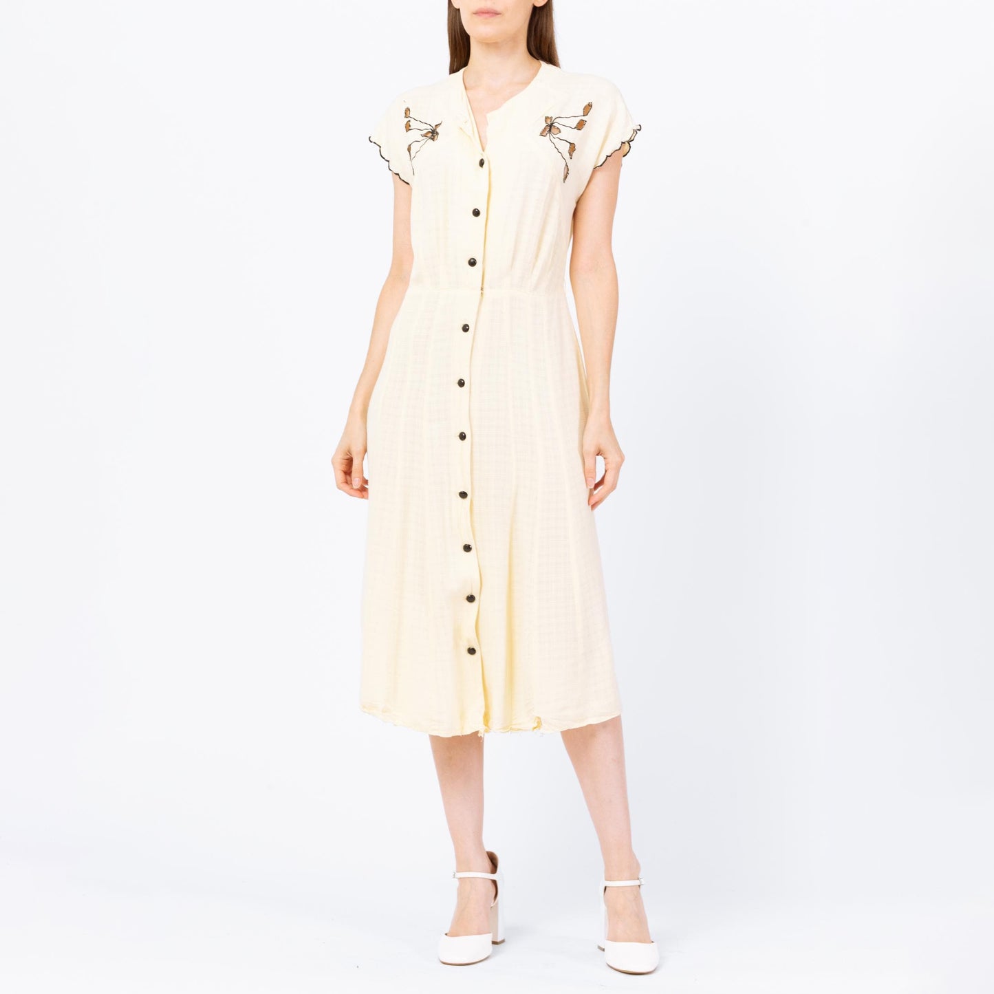 Vintage 40s 50s Butter Yellow Floral Cutout Day Dress, As Is - Medium | Retro Short Sleeve Button Up Midi Shirtwaist Dress