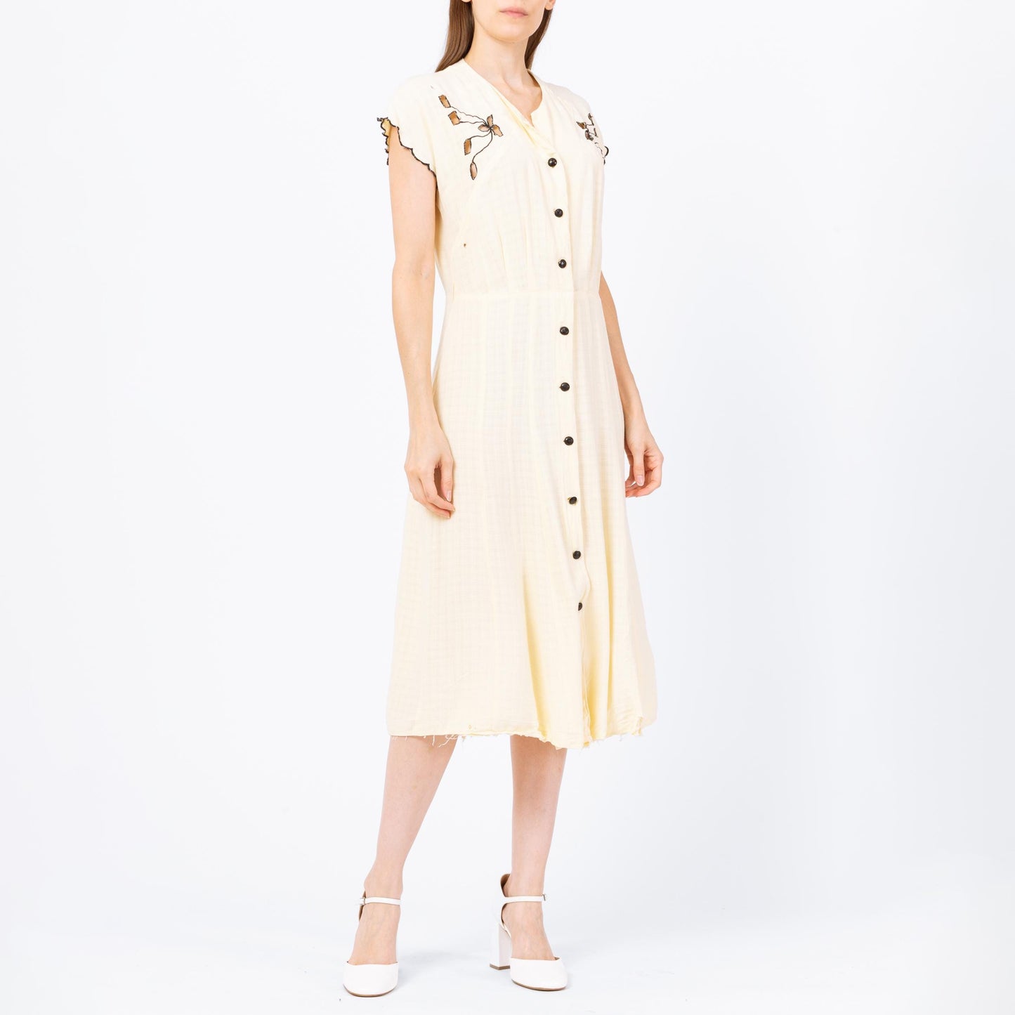 Vintage 40s 50s Butter Yellow Floral Cutout Day Dress, As Is - Medium | Retro Short Sleeve Button Up Midi Shirtwaist Dress