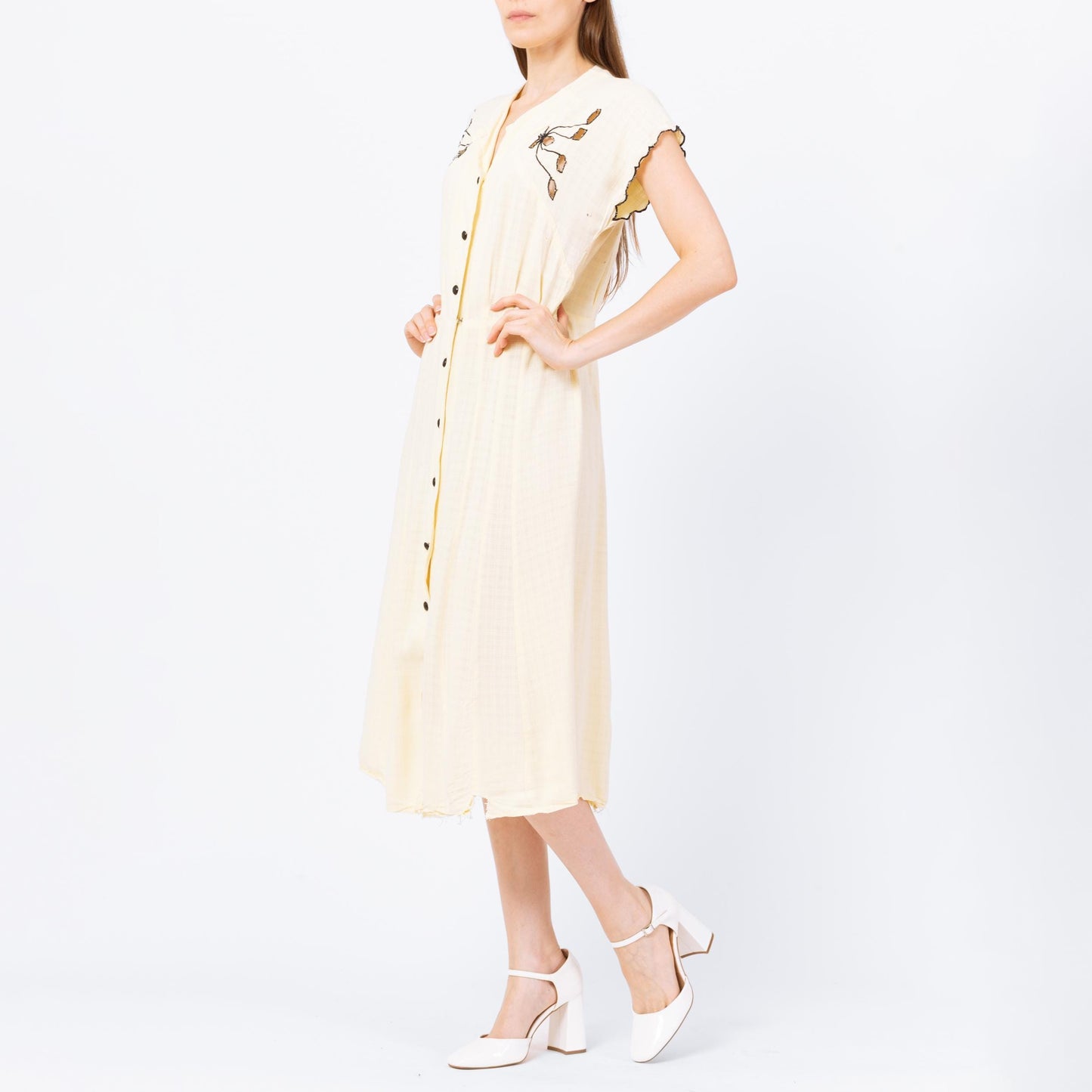 Vintage 40s 50s Butter Yellow Floral Cutout Day Dress, As Is - Medium | Retro Short Sleeve Button Up Midi Shirtwaist Dress