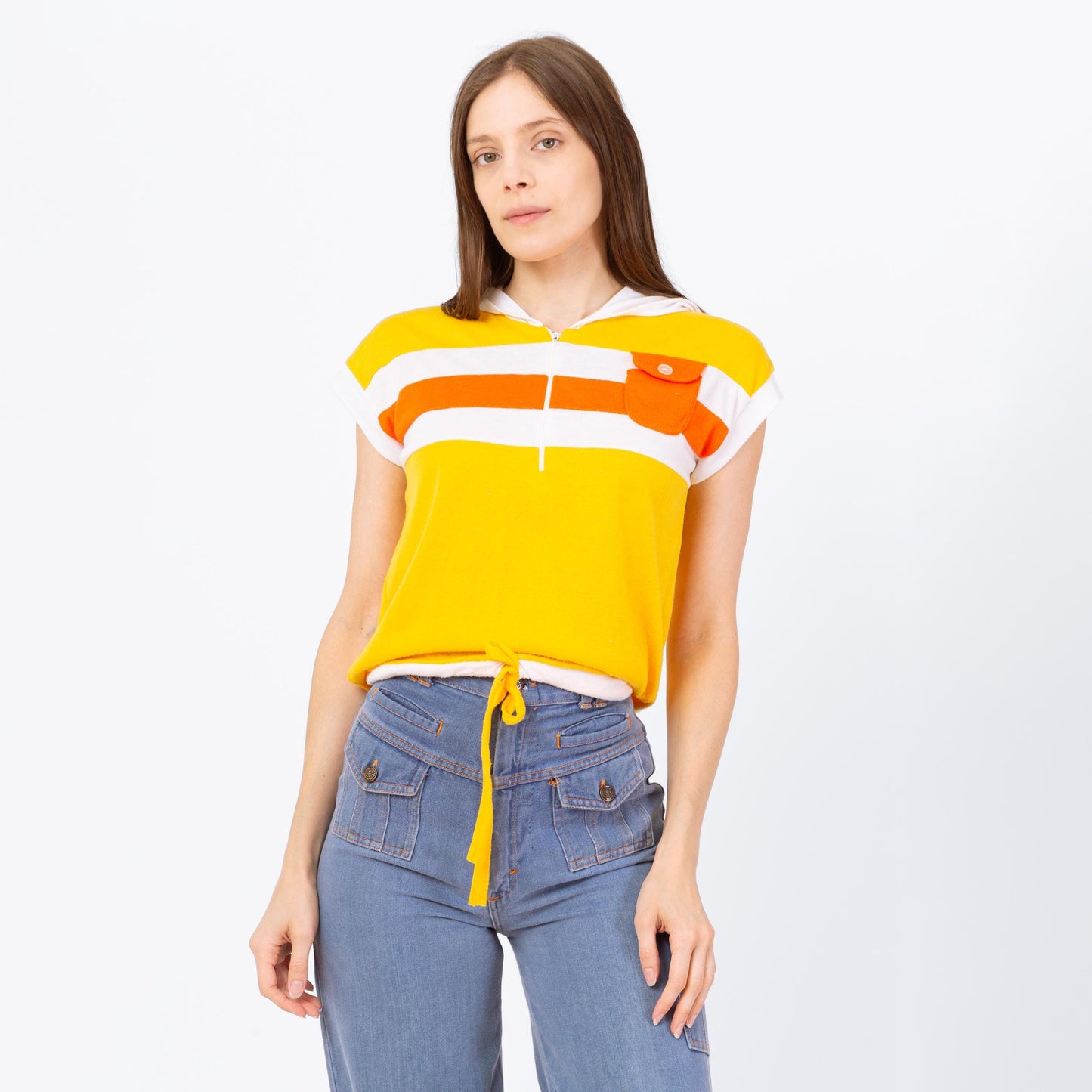 Vintage 70s Yellow Striped Hoodie Crop Top - Small to Medium | Retro Hooded Cap Sleeve Cropped Drawstring Waist Shirt