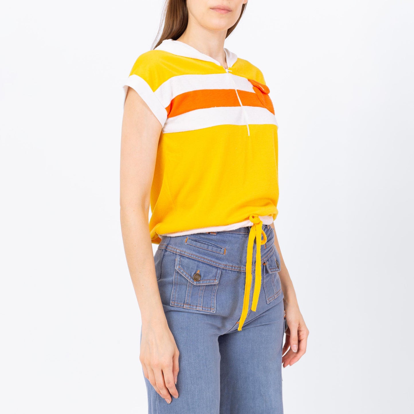 Vintage 70s Yellow Striped Hoodie Crop Top - Small to Medium | Retro Hooded Cap Sleeve Cropped Drawstring Waist Shirt