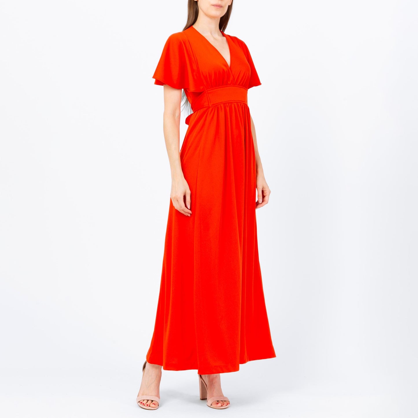 Vintage 70s Blood Orange Flutter Sleeve Maxi Dress - XS to Small | Retro Empire Waist Disco Prom Party Dress