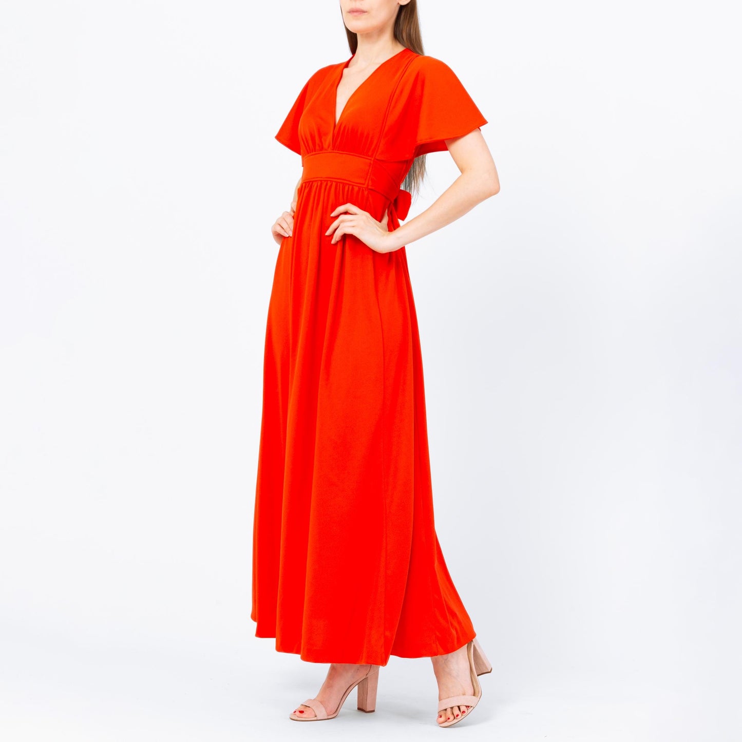Vintage 70s Blood Orange Flutter Sleeve Maxi Dress - XS to Small | Retro Empire Waist Disco Prom Party Dress