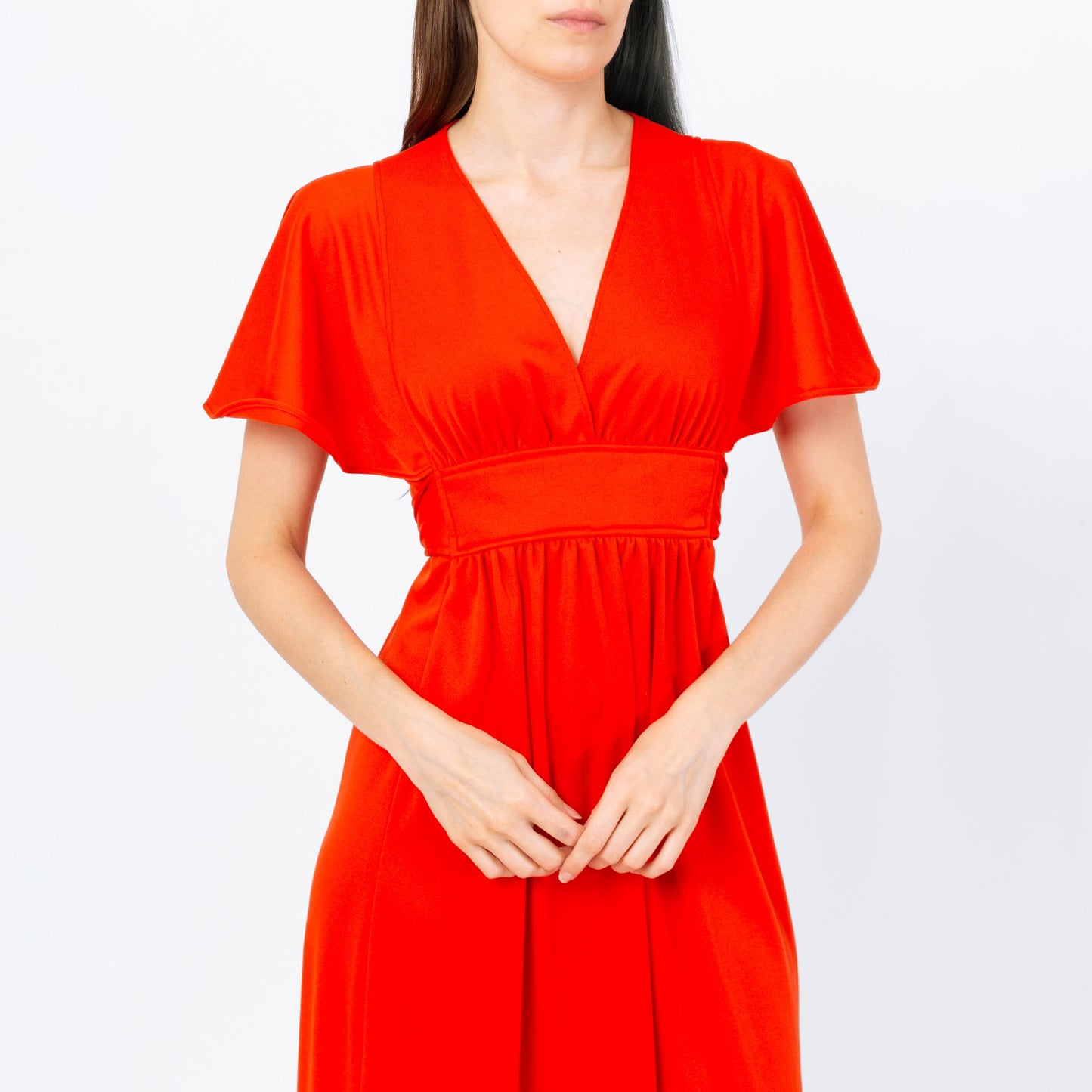 Vintage 70s Blood Orange Flutter Sleeve Maxi Dress - XS to Small | Retro Empire Waist Disco Prom Party Dress