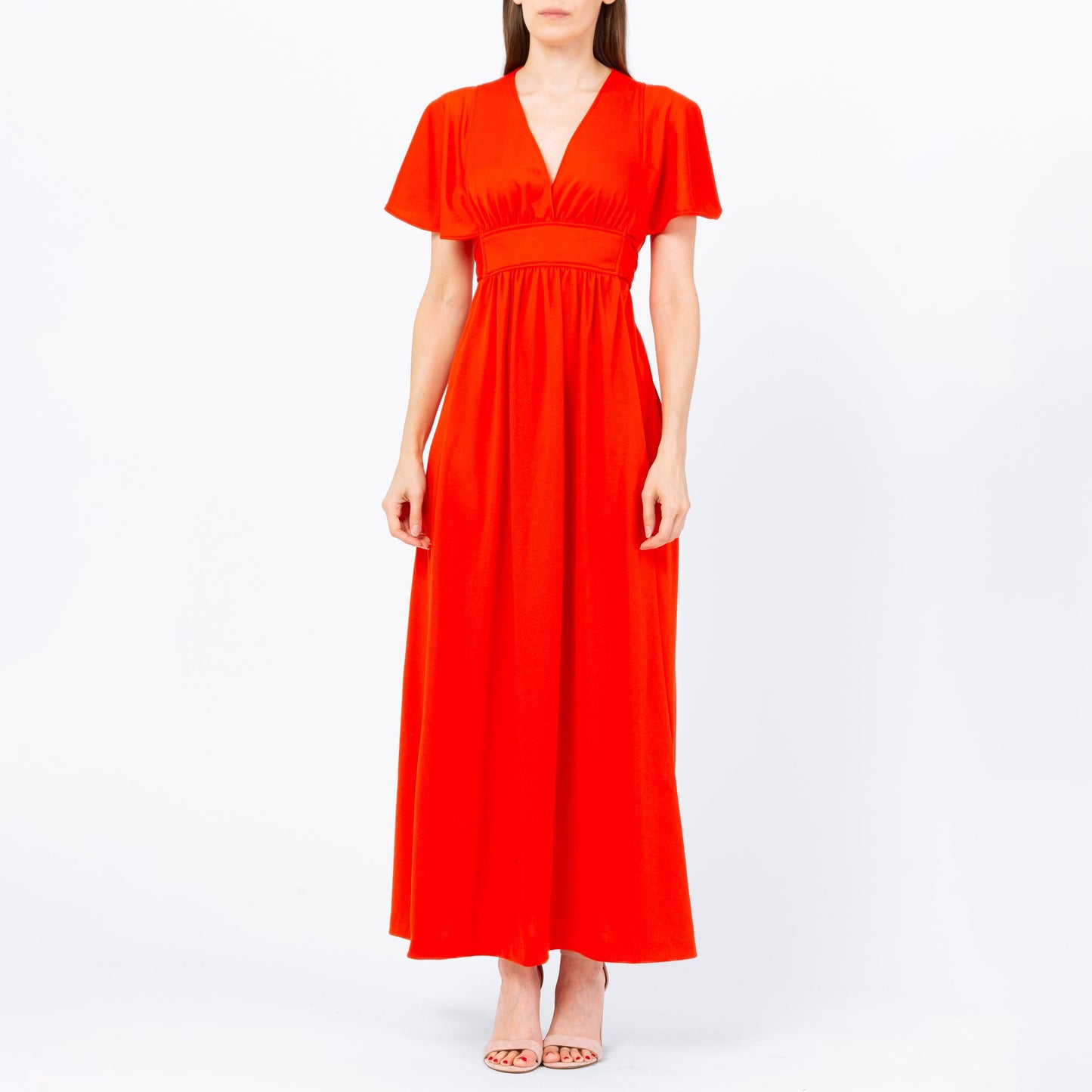 Vintage 70s Blood Orange Flutter Sleeve Maxi Dress - XS to Small | Retro Empire Waist Disco Prom Party Dress