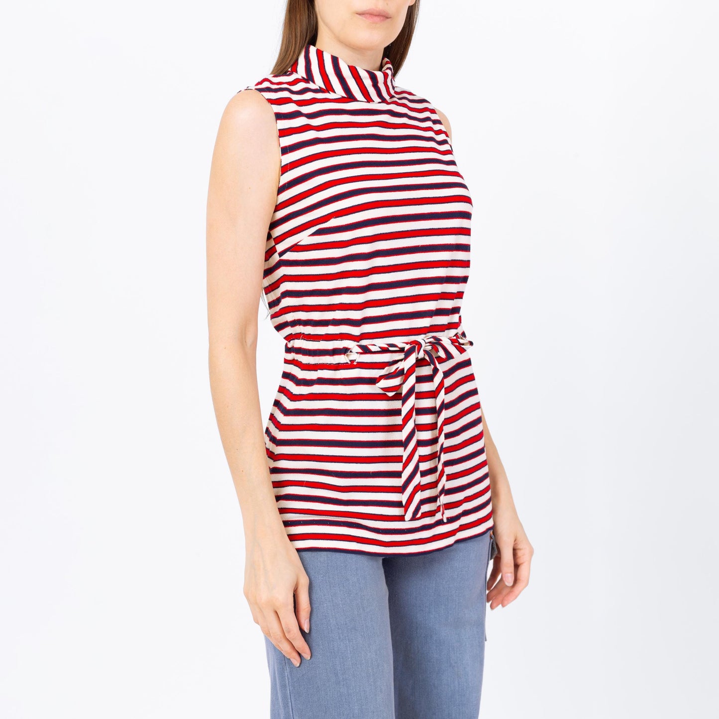 Vintage 60s 70s Mod Striped Terrycloth Tunic Top - Small | Red White & Blue Sleeveless Drawstring Waist Tank Top