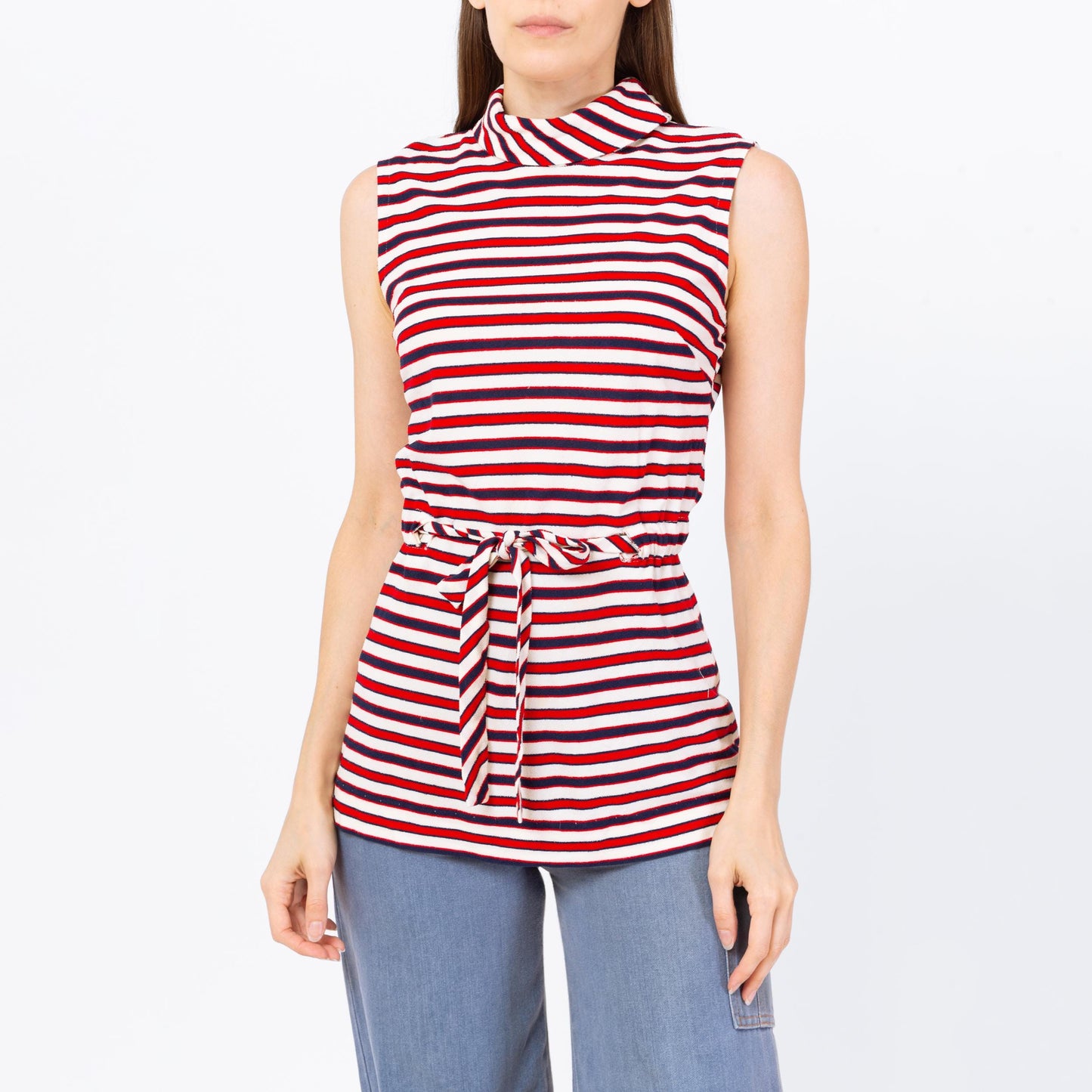 Vintage 60s 70s Mod Striped Terrycloth Tunic Top - Small | Red White & Blue Sleeveless Drawstring Waist Tank Top
