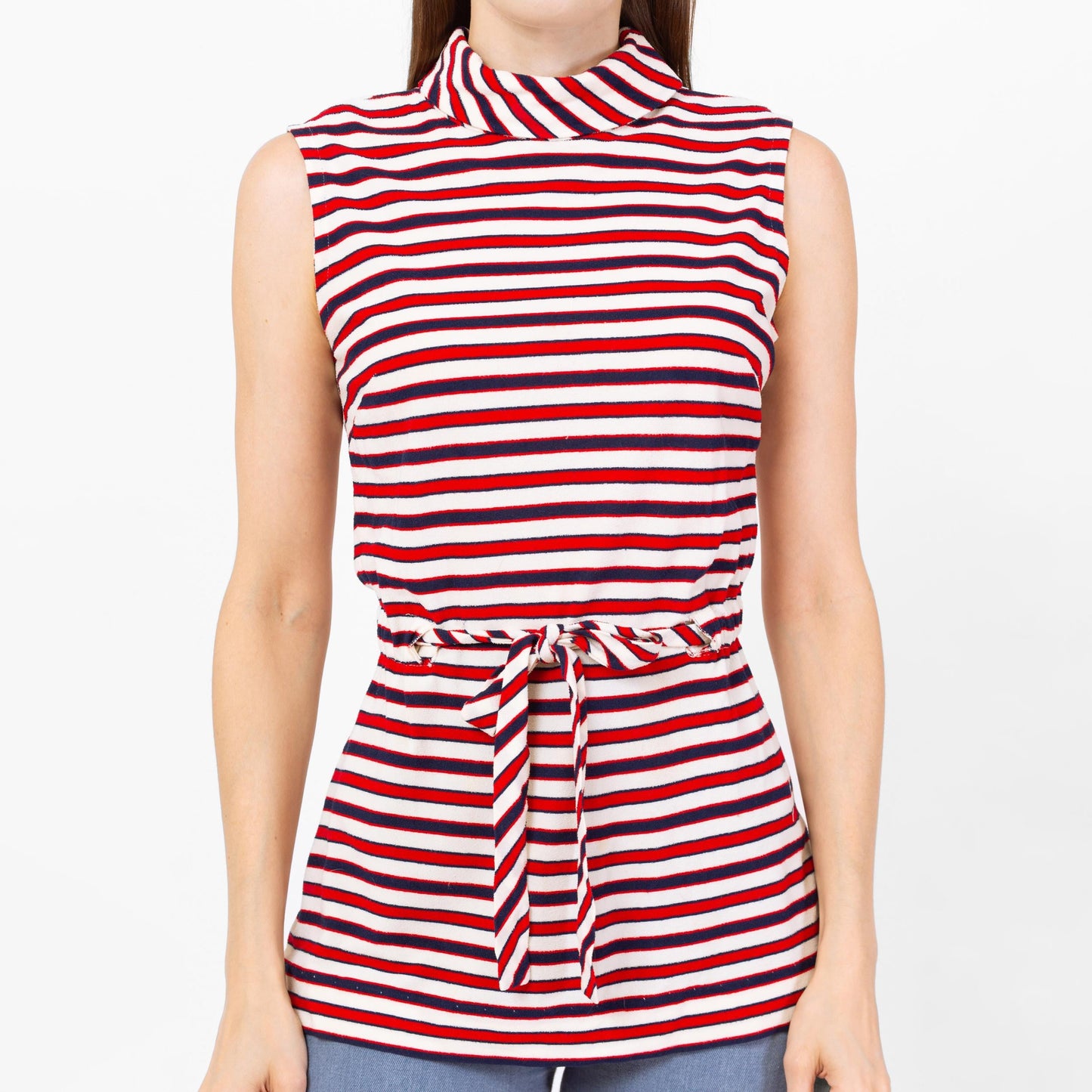 Vintage 60s 70s Mod Striped Terrycloth Tunic Top - Small | Red White & Blue Sleeveless Drawstring Waist Tank Top