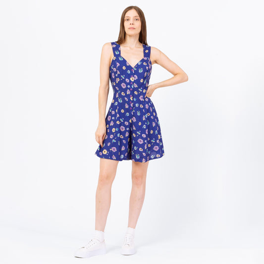 Vintage 90s Blue Floral Corset Back Romper - Medium | Boho Grunge Cinched Waist Sleeveless Button Up Playsuit