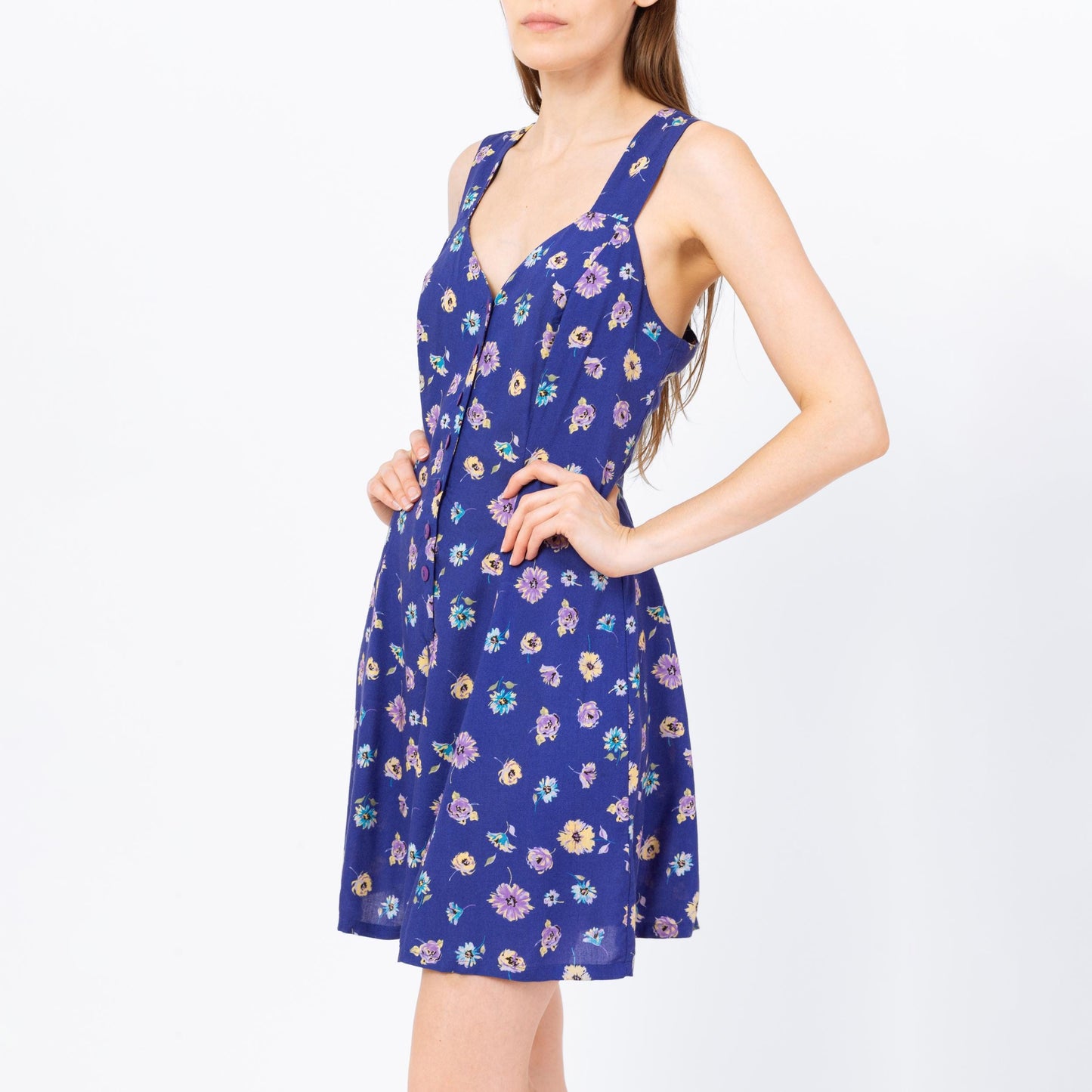 Vintage 90s Blue Floral Corset Back Romper - Medium | Boho Grunge Cinched Waist Sleeveless Button Up Playsuit