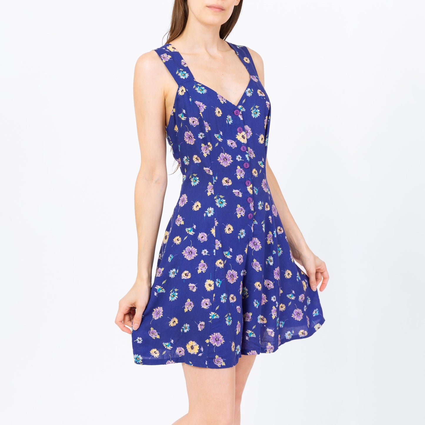 Vintage 90s Blue Floral Corset Back Romper - Medium | Boho Grunge Cinched Waist Sleeveless Button Up Playsuit