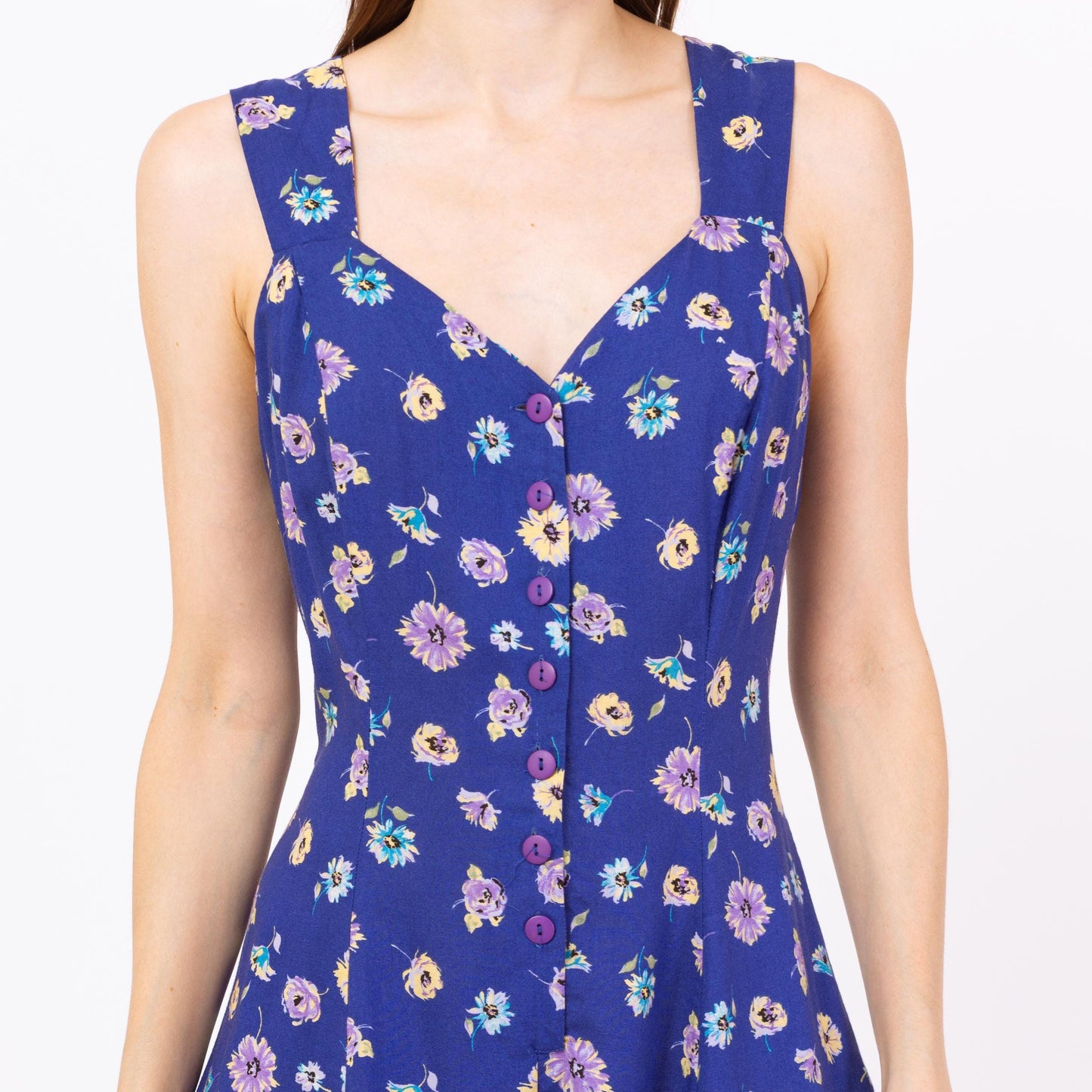 Vintage 90s Blue Floral Corset Back Romper - Medium | Boho Grunge Cinched Waist Sleeveless Button Up Playsuit