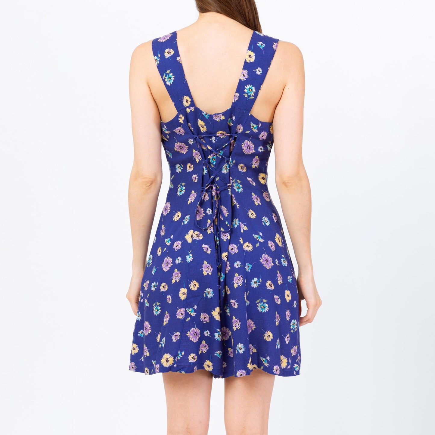 Vintage 90s Blue Floral Corset Back Romper - Medium | Boho Grunge Cinched Waist Sleeveless Button Up Playsuit