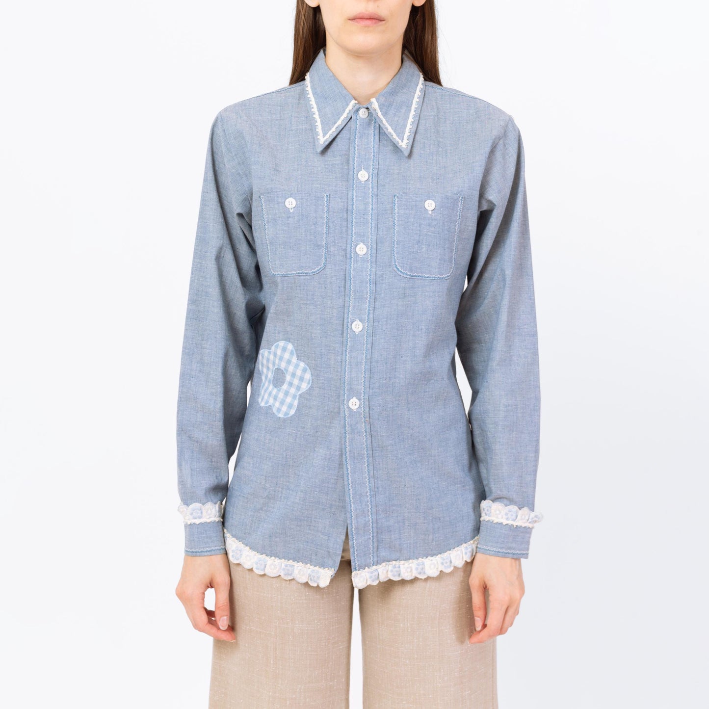 Vintage 70s Chambray Whale Applique Shirt - Small to Medium | Blue Novelty Floral Ric Rac Trim Button Up Long Sleeve Top