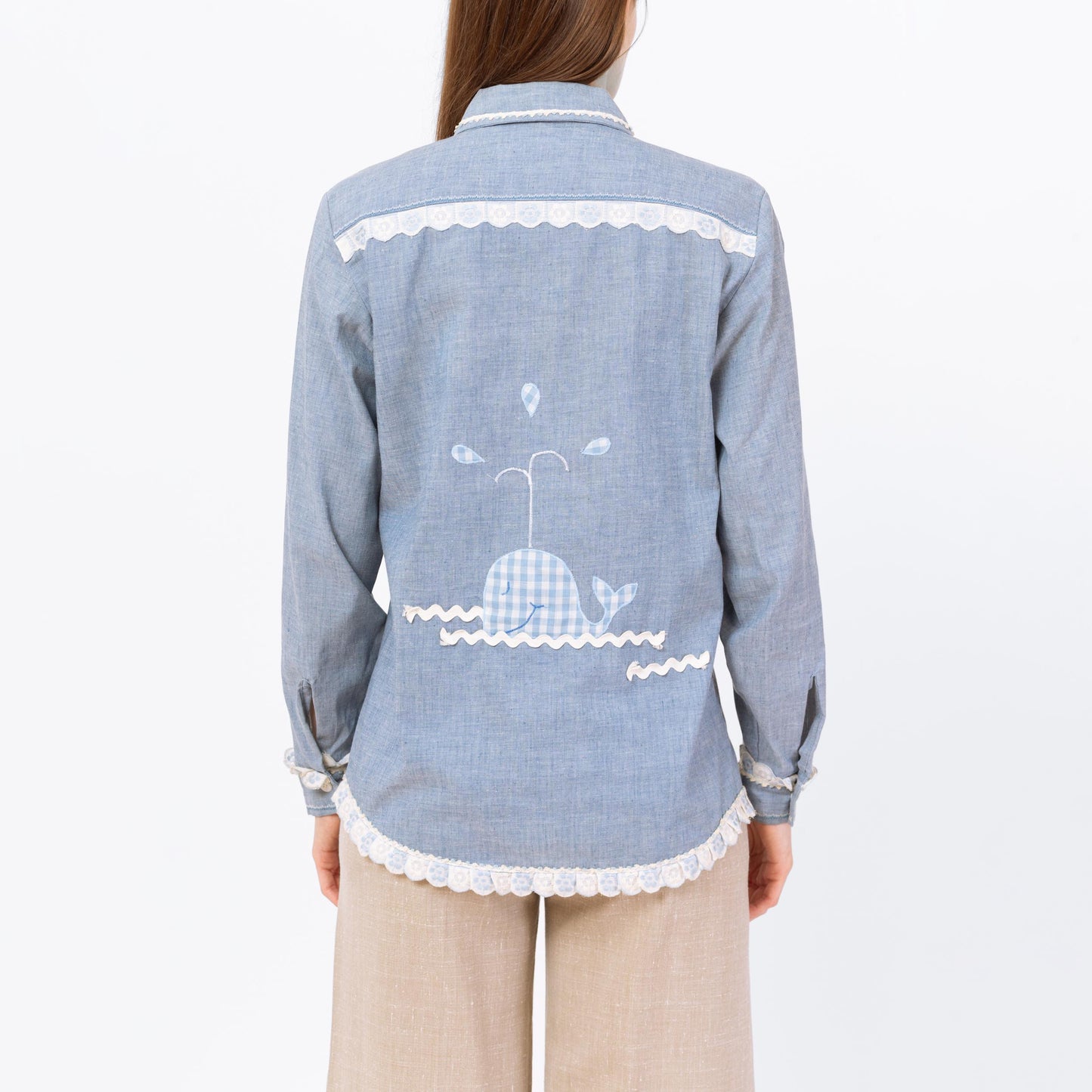 Vintage 70s Chambray Whale Applique Shirt - Small to Medium | Blue Novelty Floral Ric Rac Trim Button Up Long Sleeve Top