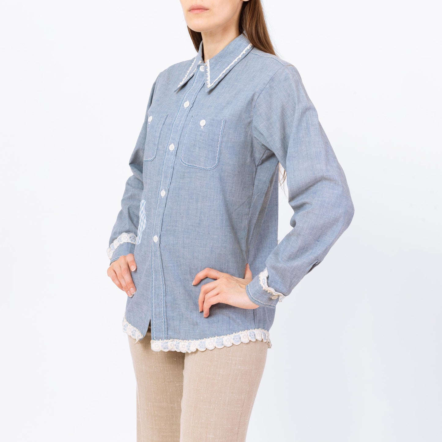 Vintage 70s Chambray Whale Applique Shirt - Small to Medium | Blue Novelty Floral Ric Rac Trim Button Up Long Sleeve Top