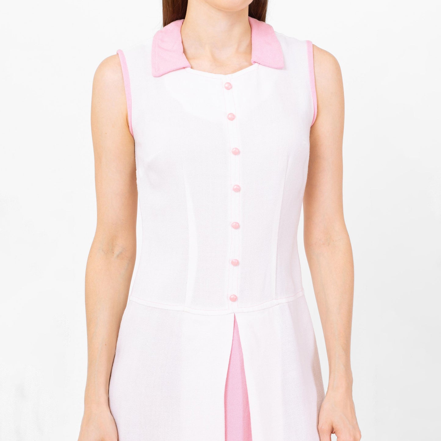 Vintage 60s Mod White & Pink Preppy Scooter Dress - Extra Small | Sleeveless Retro Collared Mini Dress